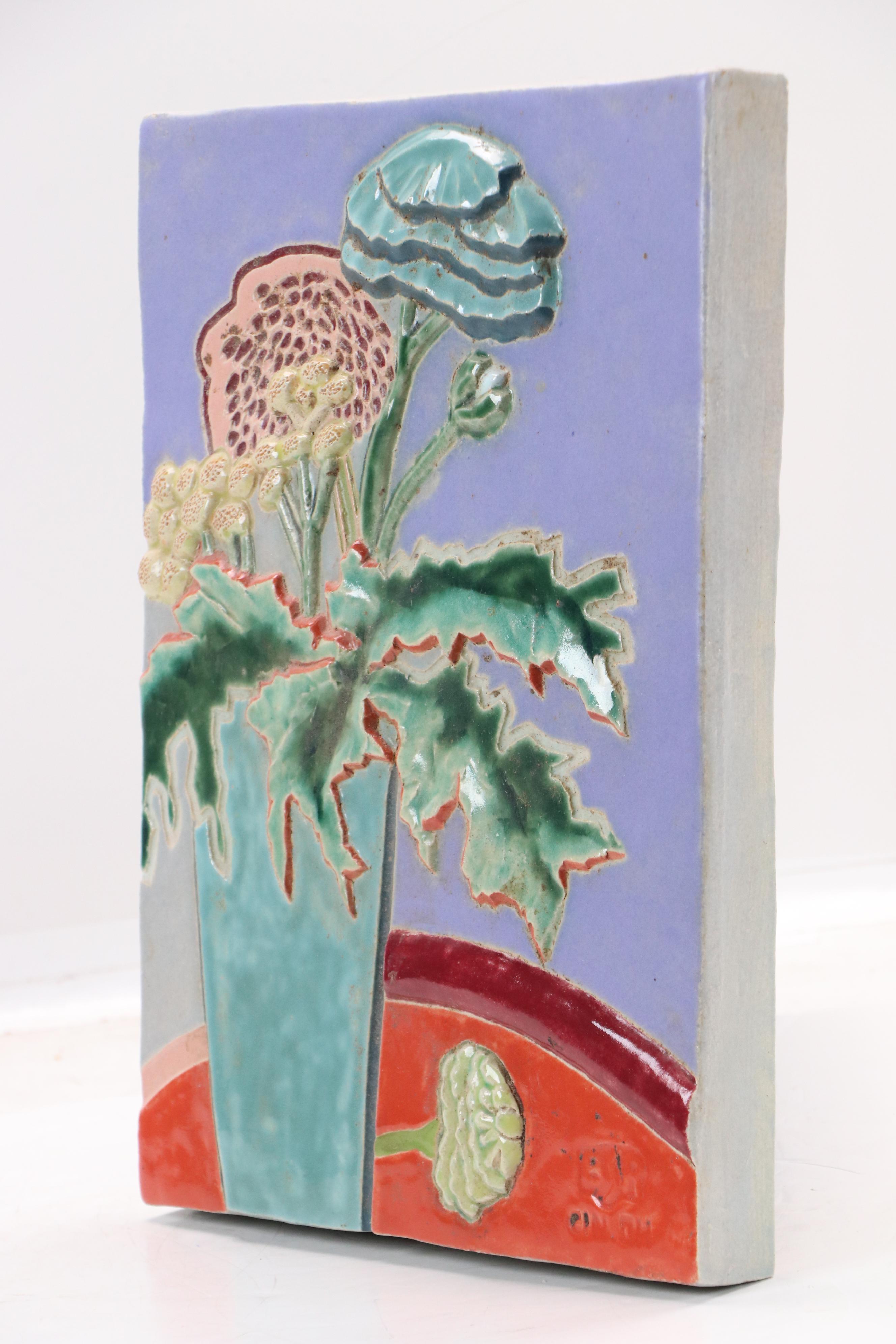 Brenda S. Richardson Bas Relief Ceramic Panel of Flowers in Vase, 2007