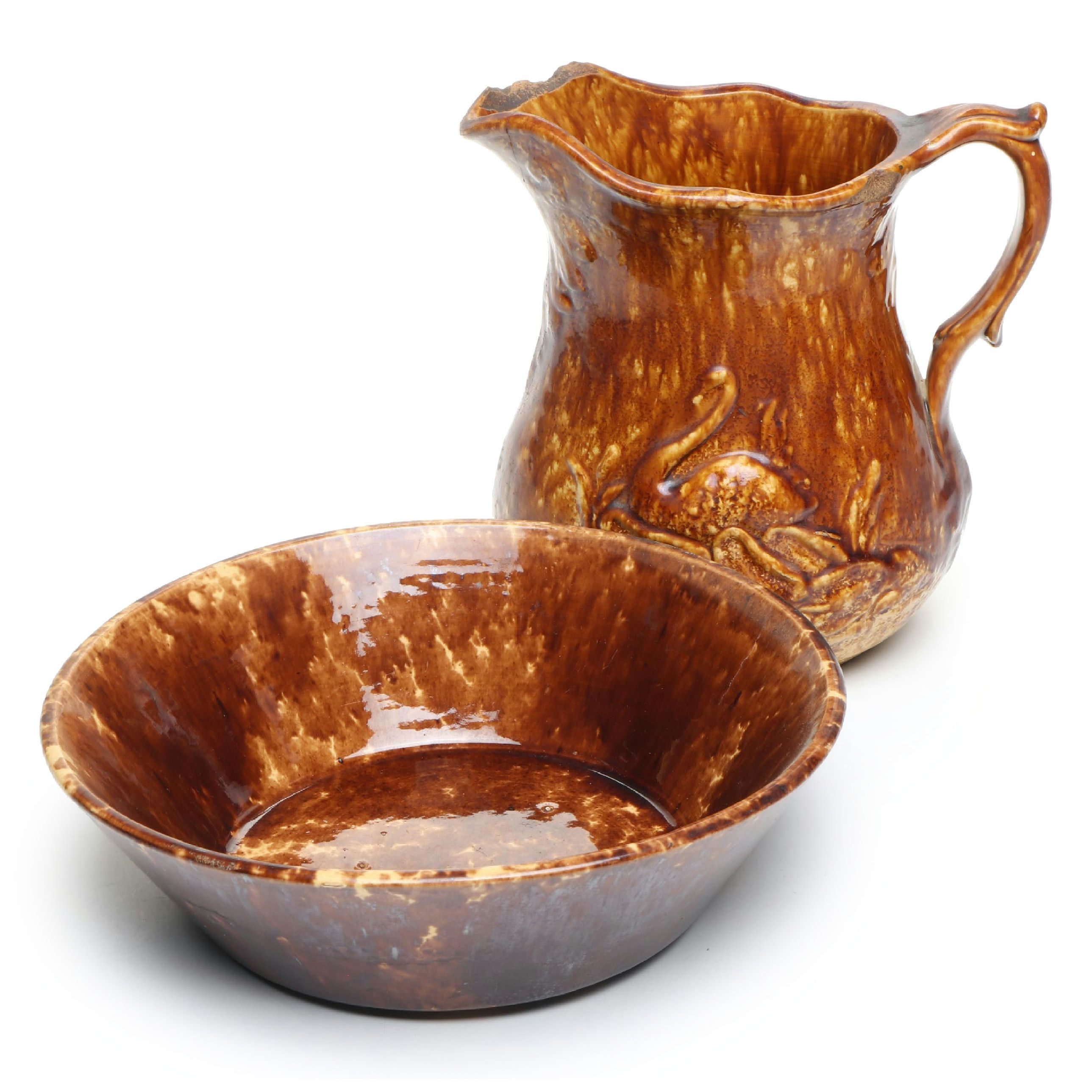 Bennington Rockingham Glazed Molded Pitcher and Bowl, Mid to Late 19th Century