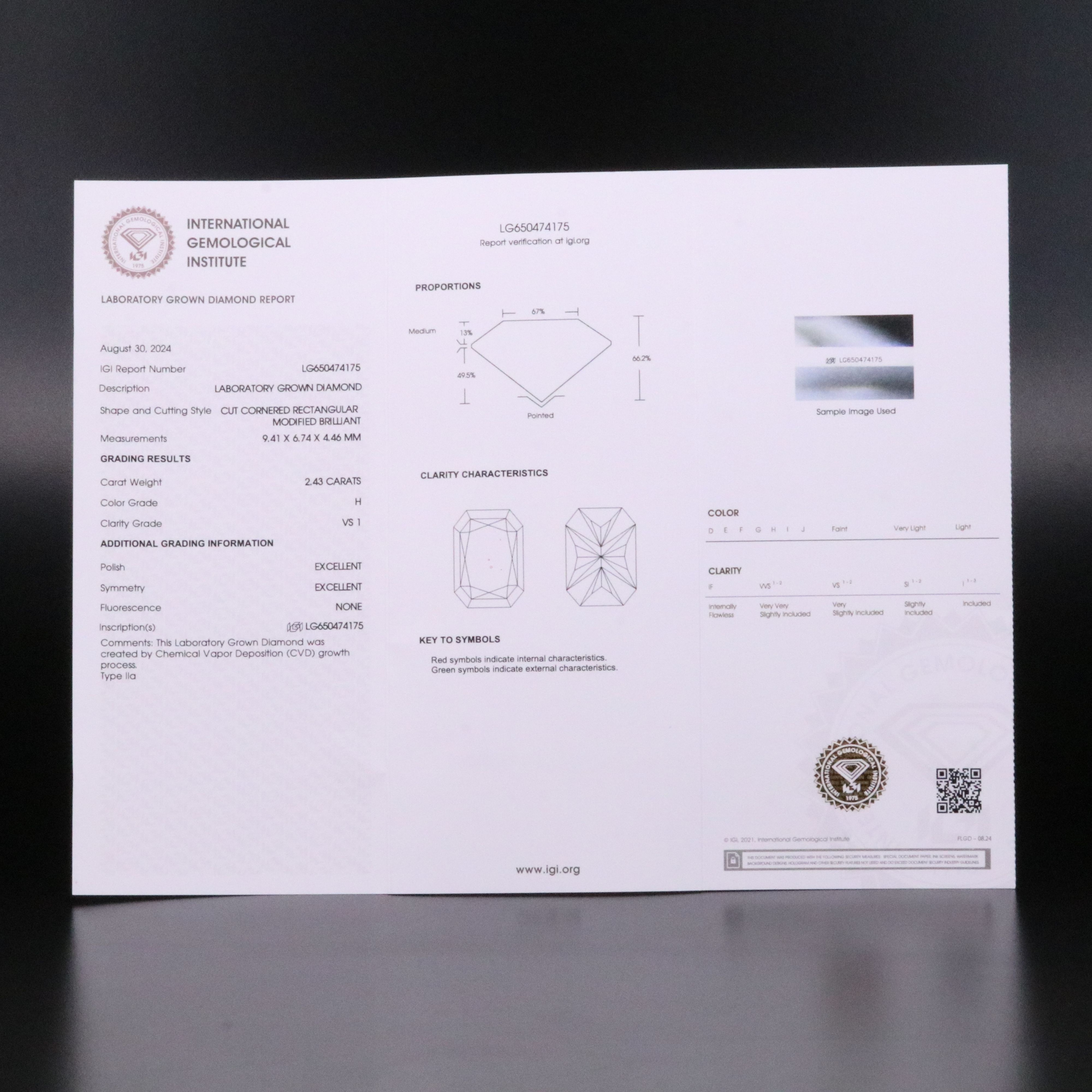 Loose 2.43 CT Lab Grown Diamond with IGI Report
