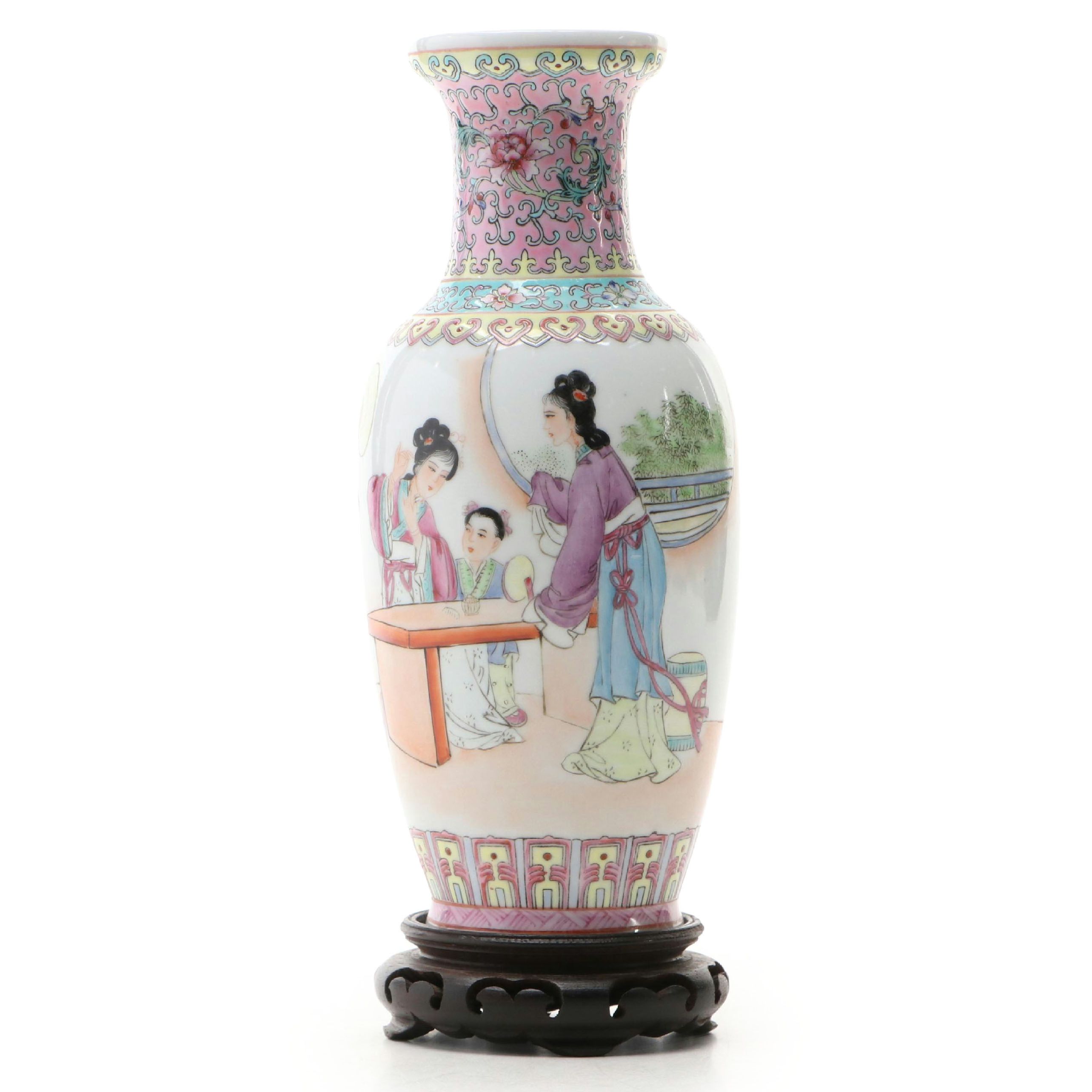 Chinese Famille Rose Porcelain Vase on Carved Wood Stand
