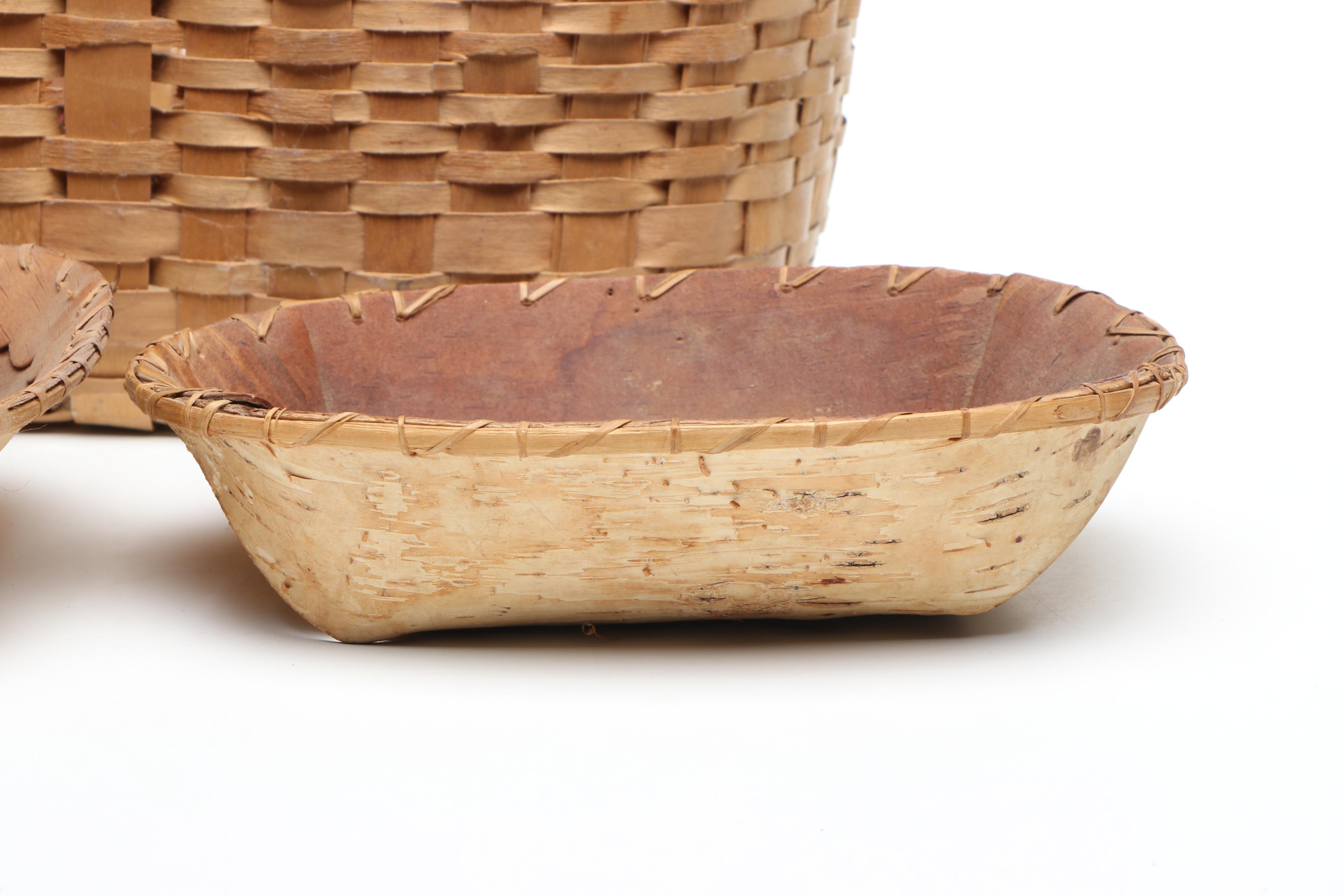 Mille Lacs Birch Bark Baskets and Woven Handled Basket