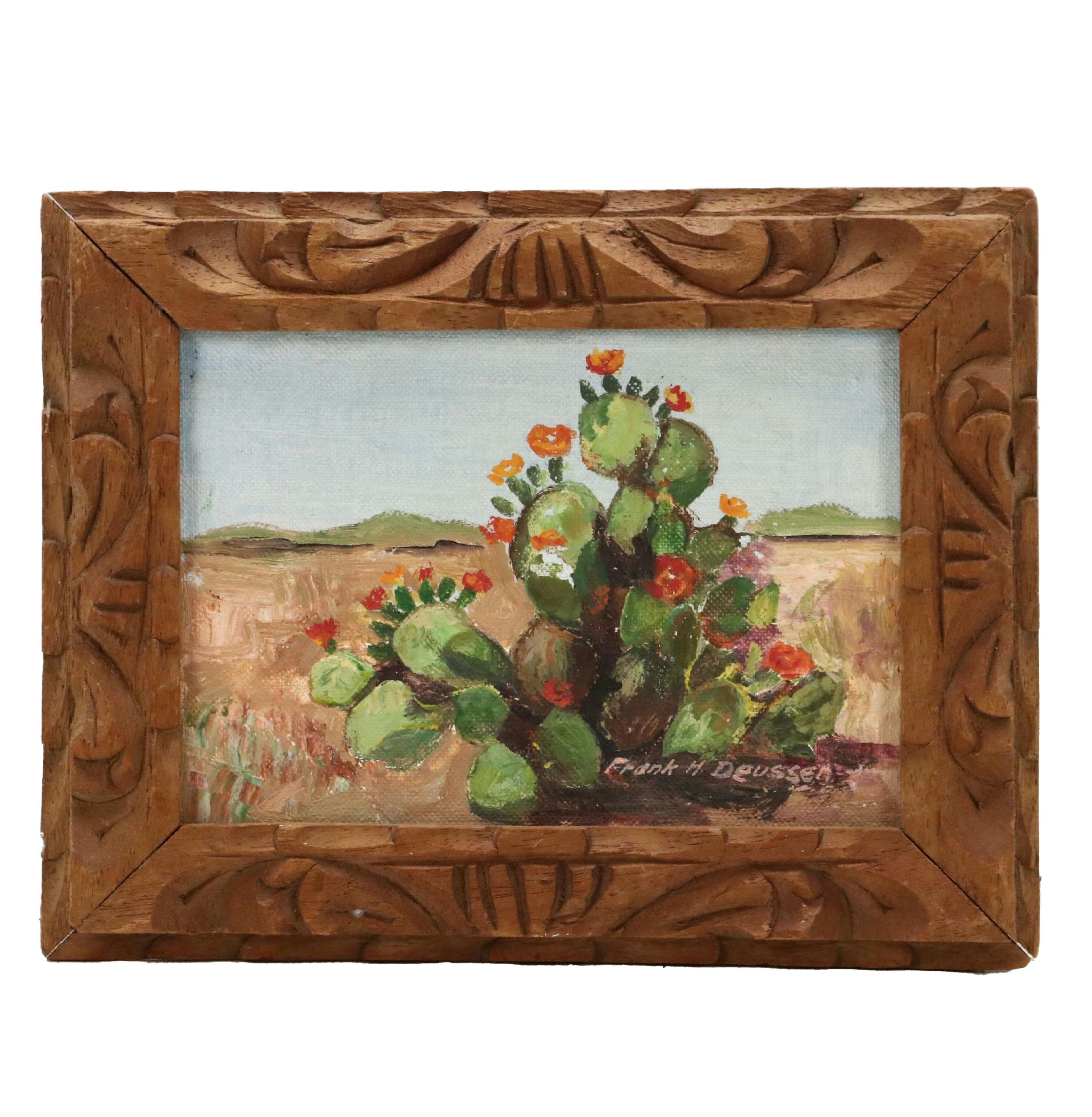 Frank H. Deussen Desert Landscape Oil Painting with Cactus, Mid-20th Century