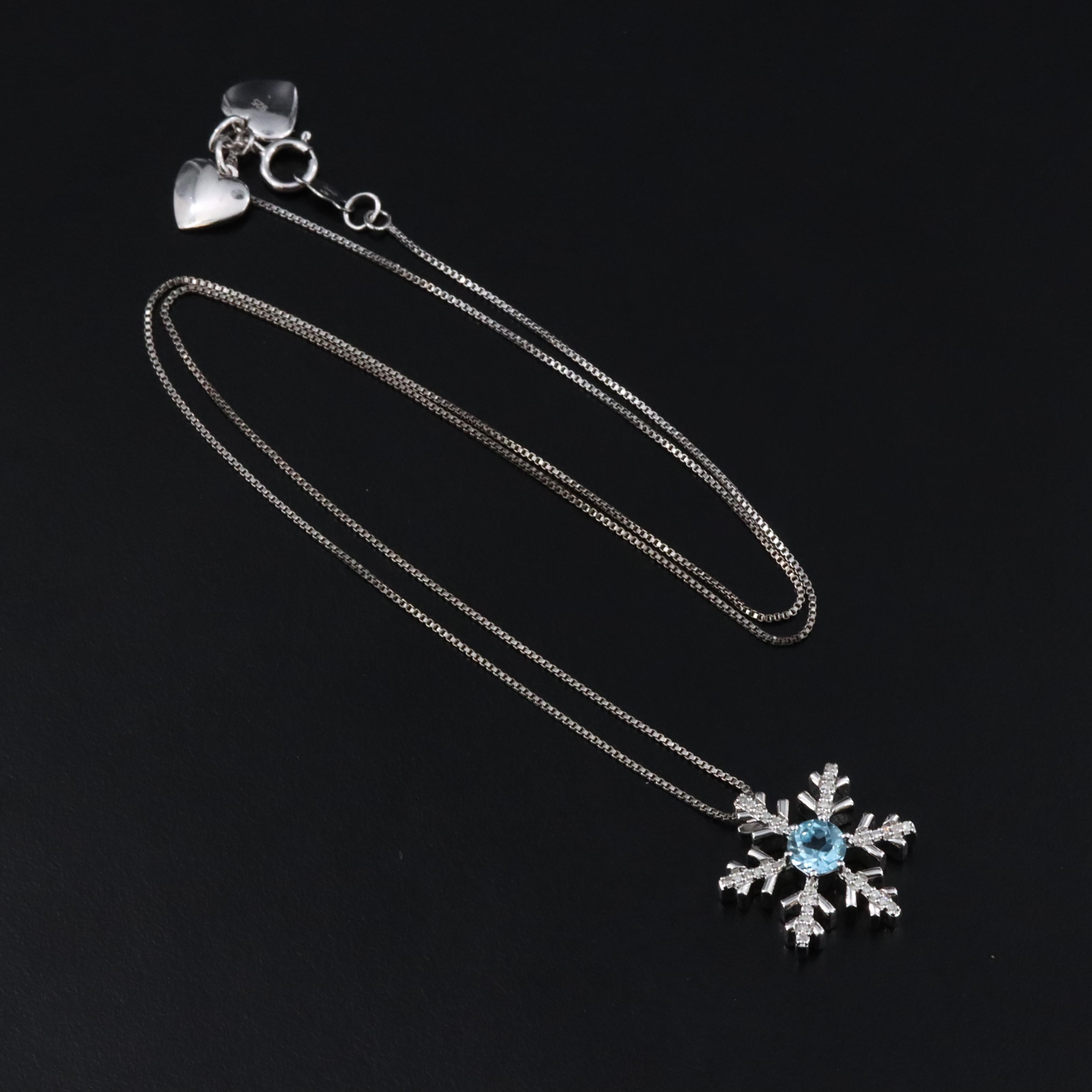 Hallmark Sterling Blue Topaz and Diamond Snowflake Pendant Necklace
