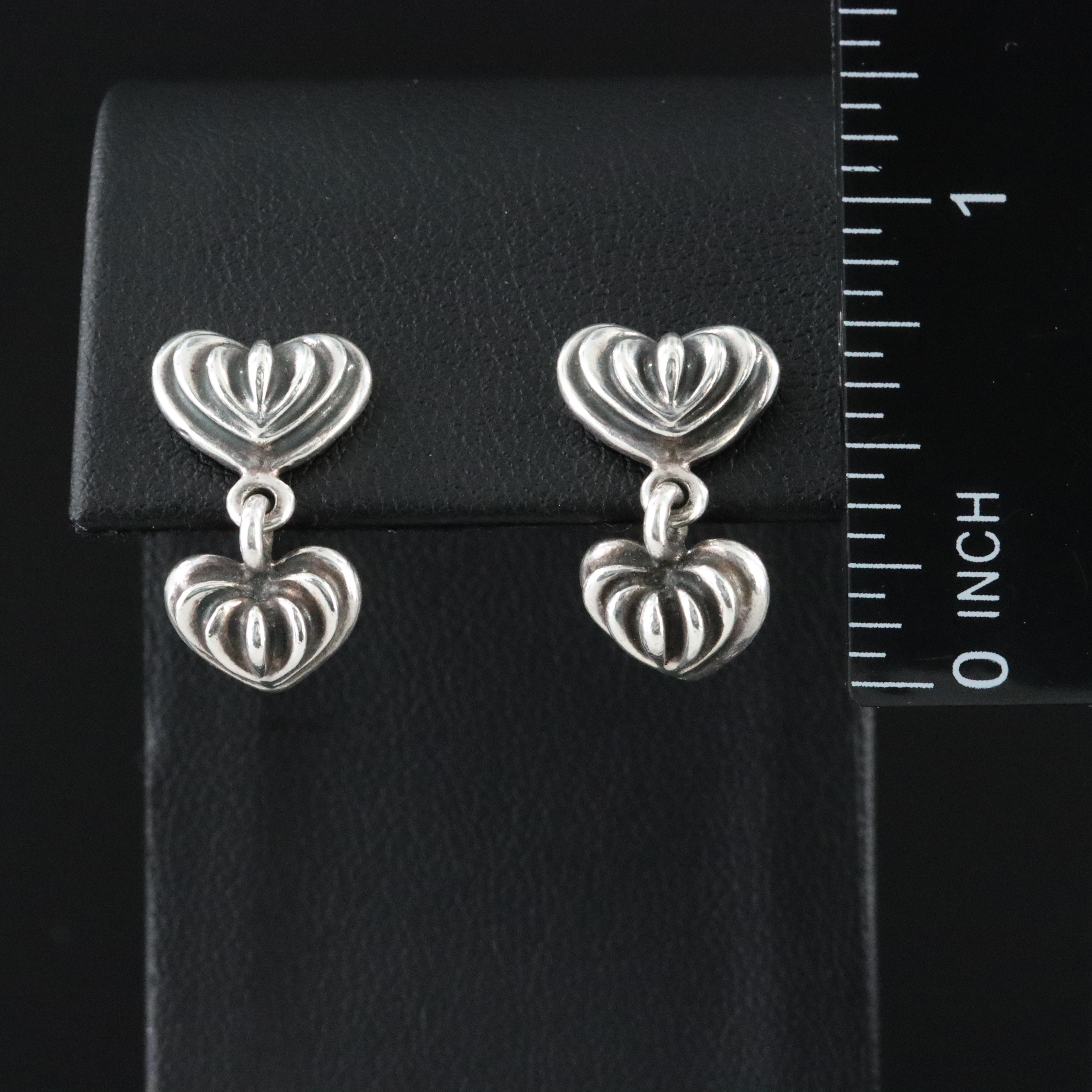 Caviar Sterling Fluted Heart Drop Earrings
