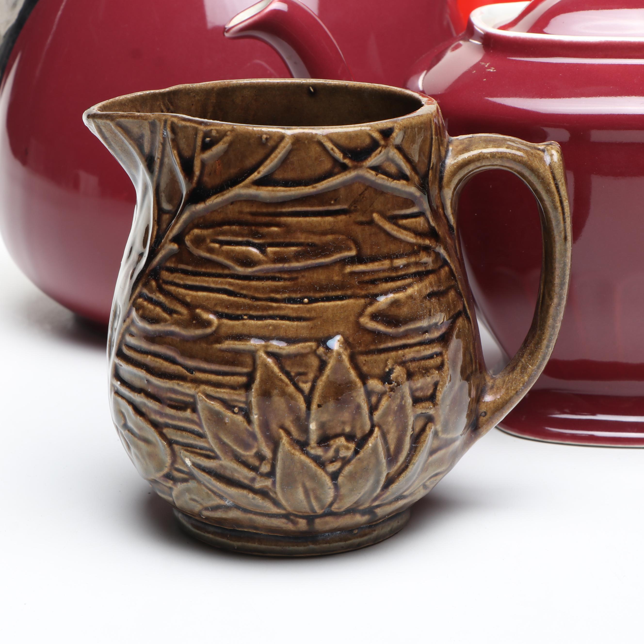 Vintage Hall Pottery Ceramic Teapots and Jugs with Other Molded Ceramic Pitcher