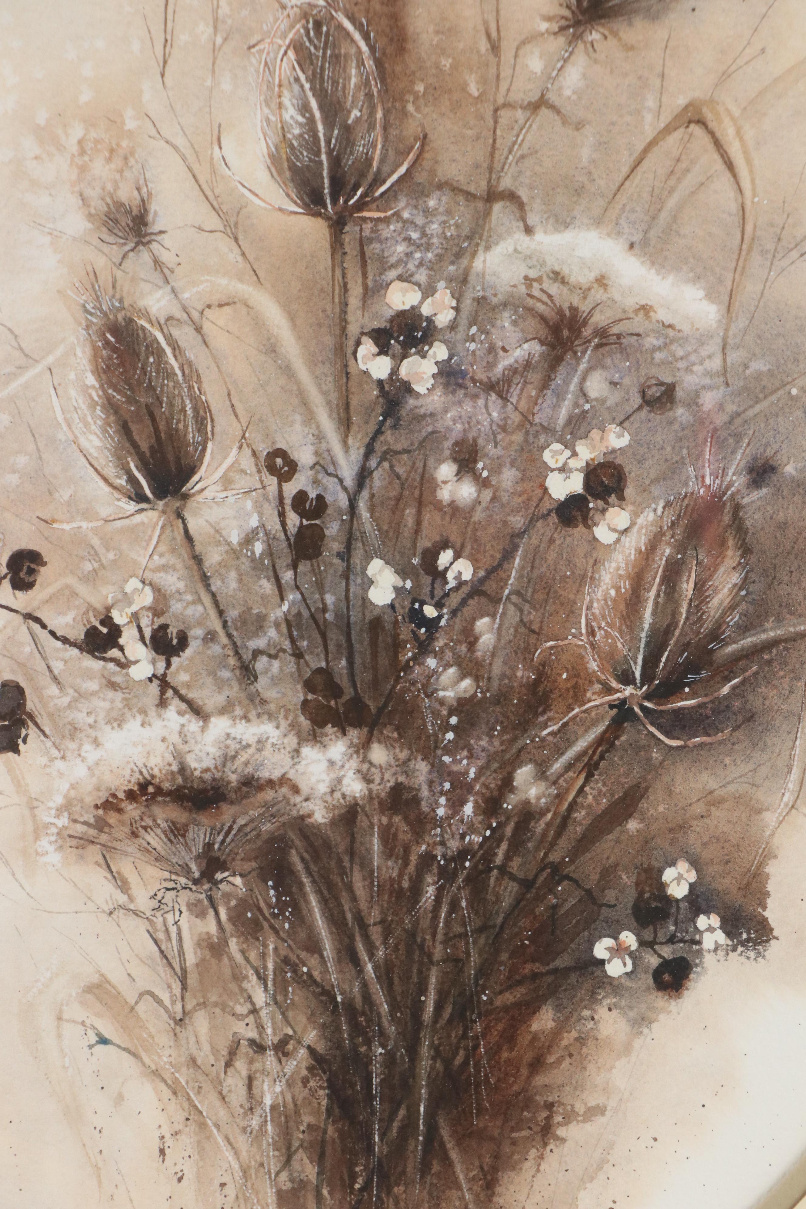 Fern Clark Dried Flower Still Life Watercolor Painting, Mid–Late 20th Century
