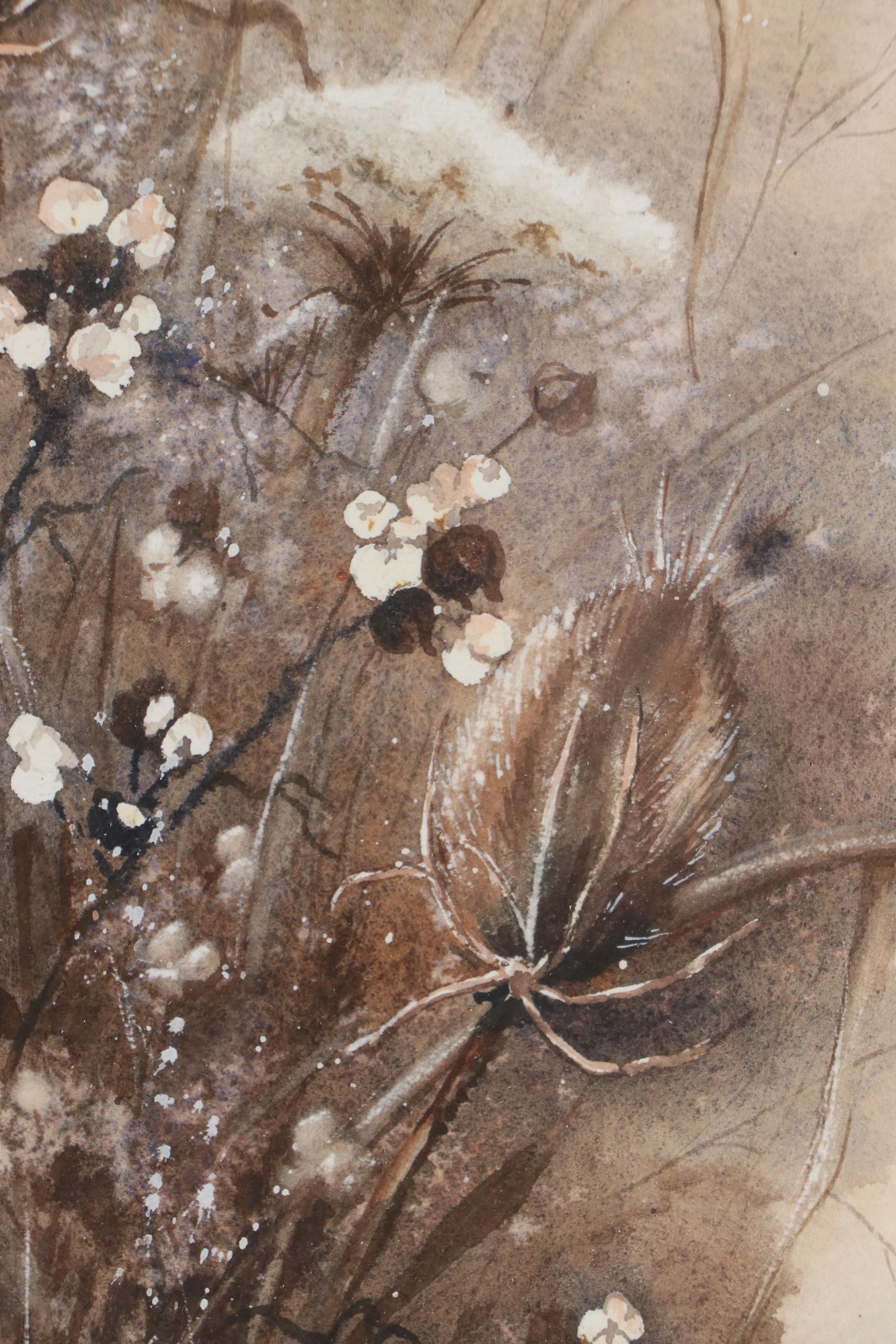 Fern Clark Dried Flower Still Life Watercolor Painting, Mid–Late 20th Century