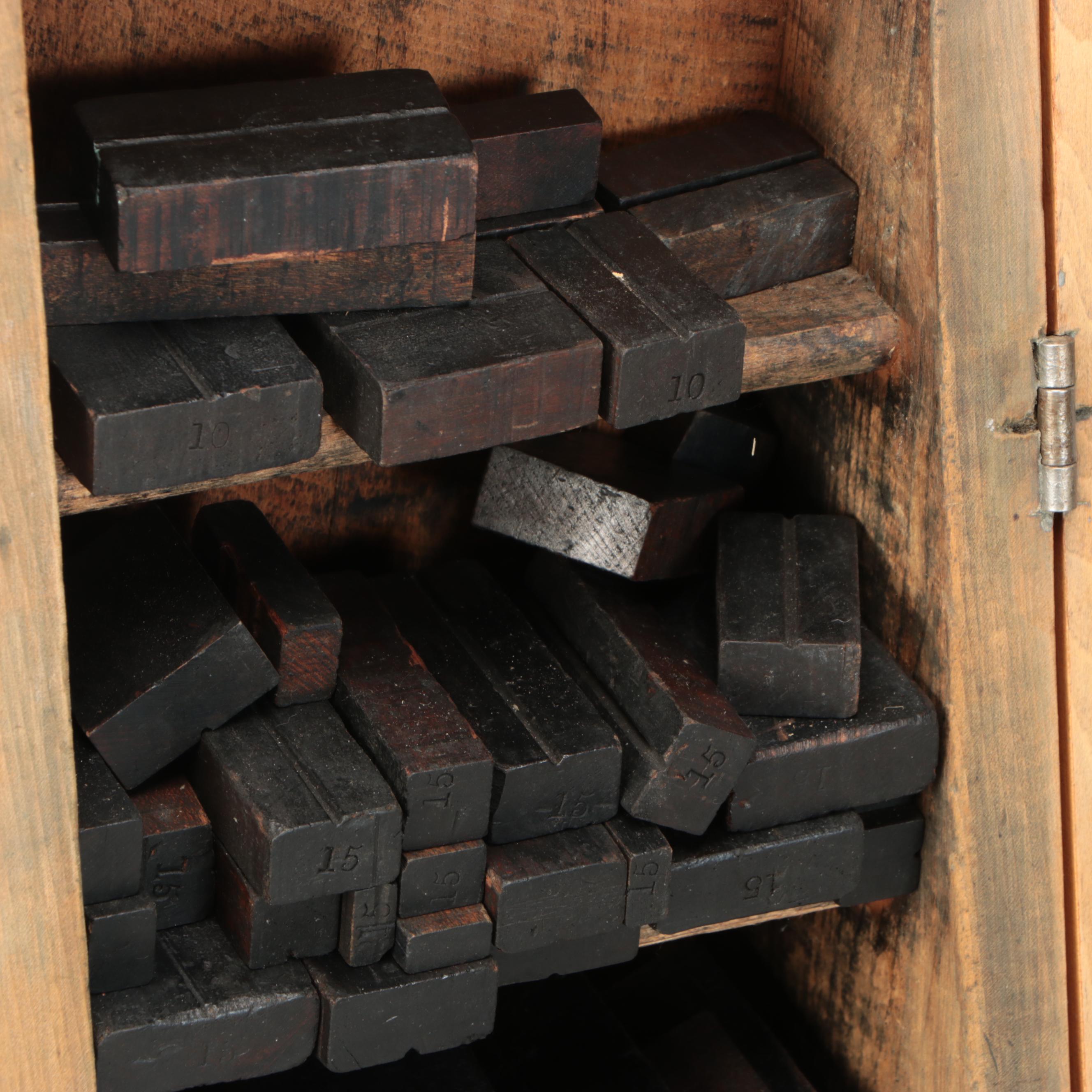 Vintage Slanted Wood Cabinet with Printing Block Blanks