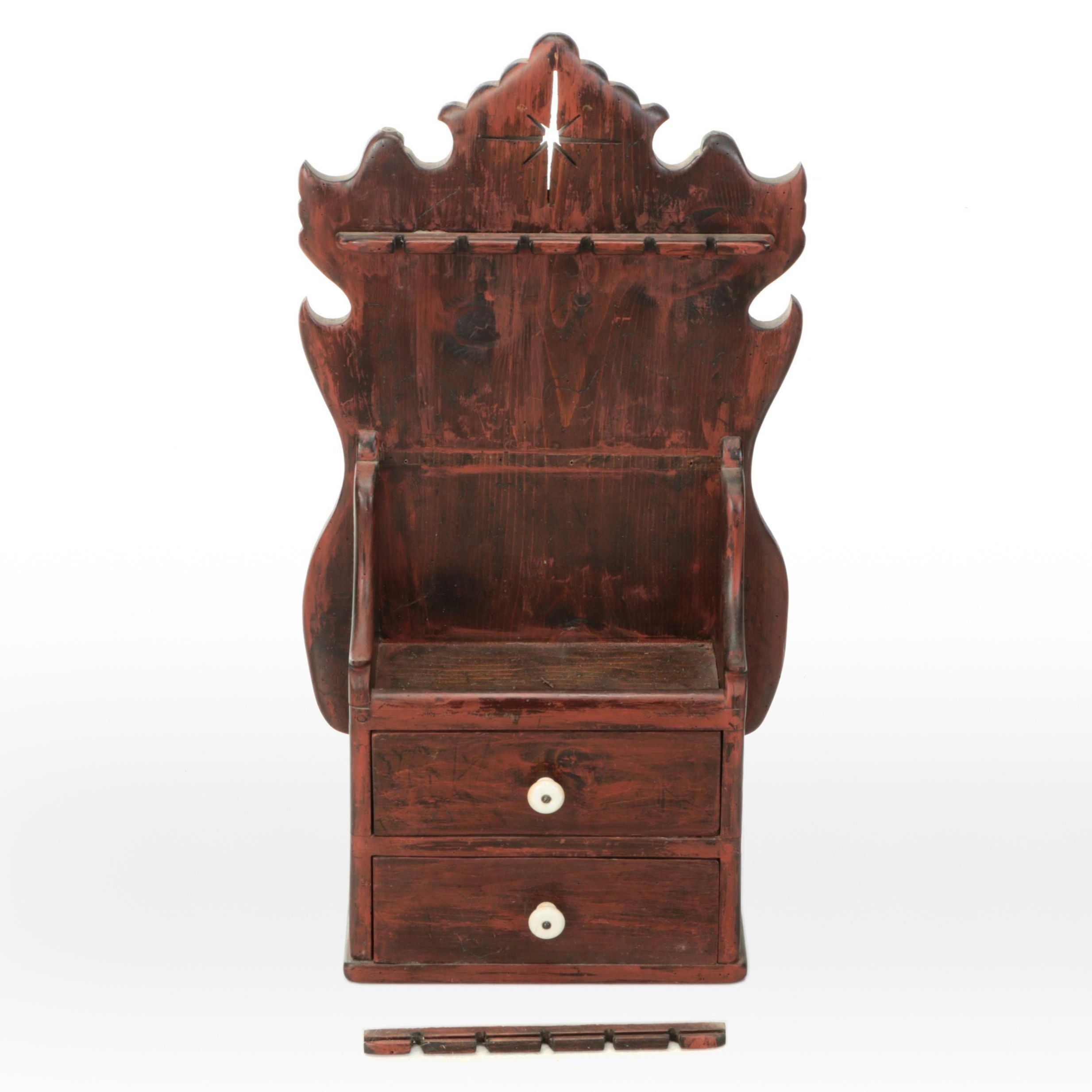 Faux-Aged Carved Wooden Wall Mount Teaspoon Display with Drawers, Vintage