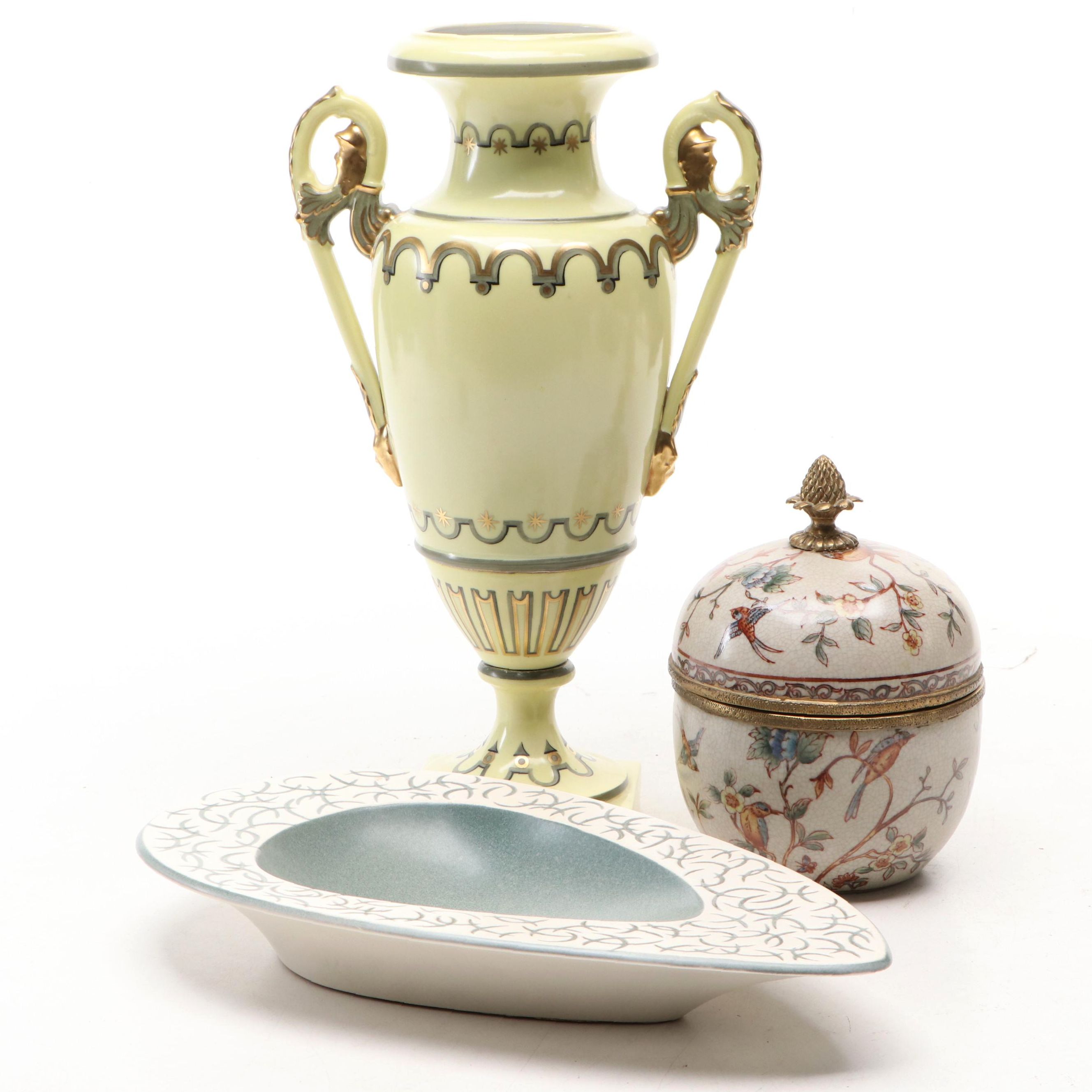 Porcelaine de Paris Urn with Hyalyn Dish and Other Ceramic Covered Jar