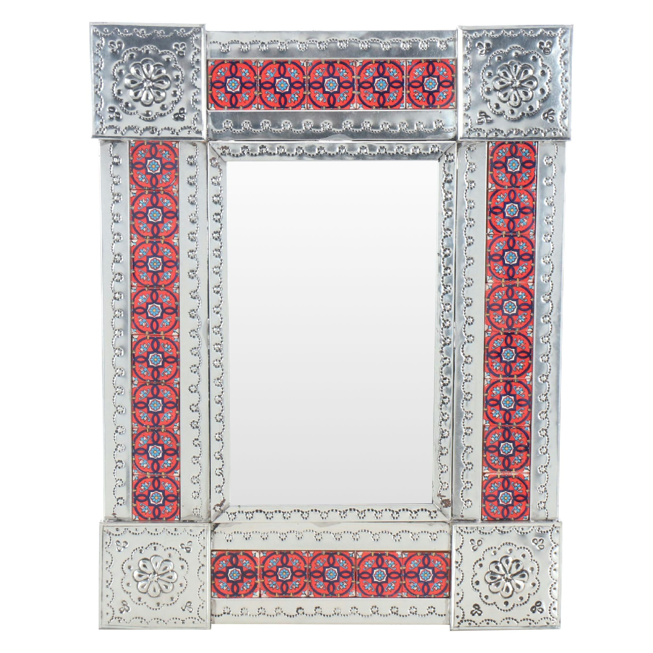 Mexican Talavera Punched Tin and Tile Wall Mirror