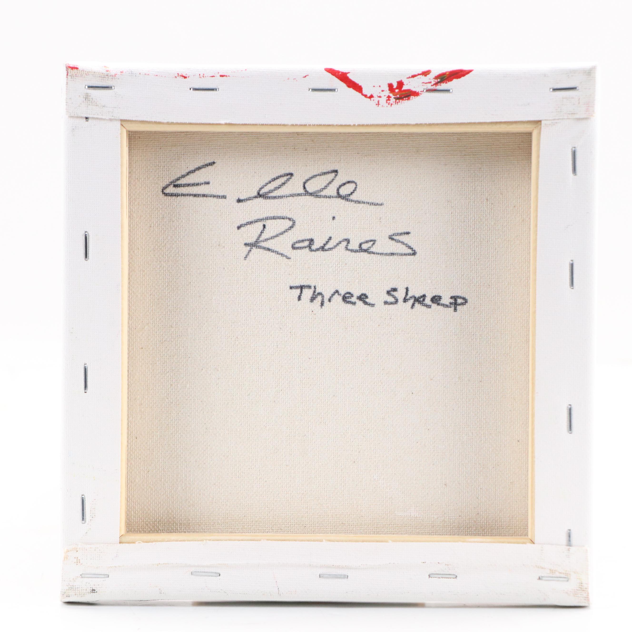 Elle Raines Stylized Acrylic Painting "Three Sheep," 21st Century