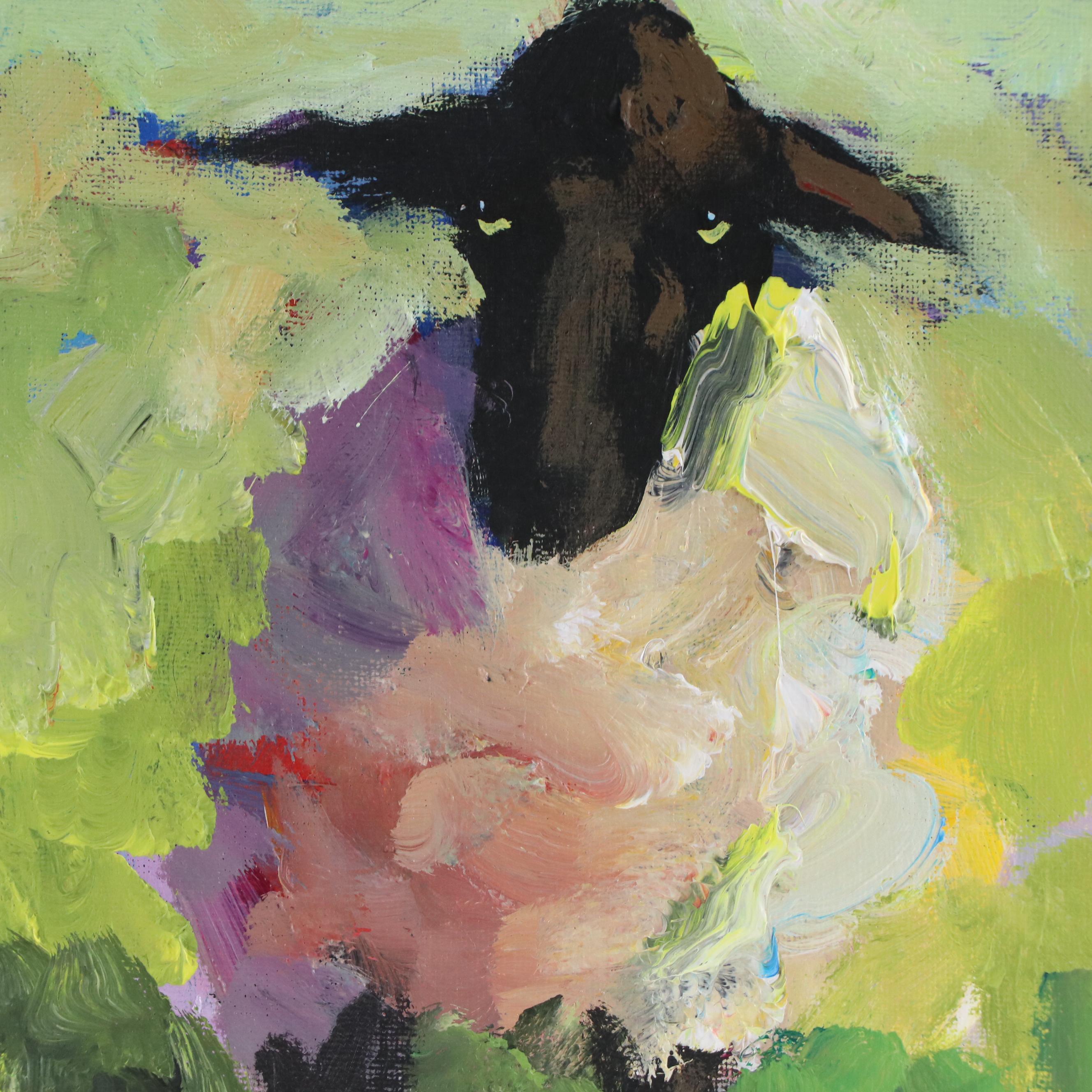 Elle Raines Stylized Acrylic Painting "Sheep," 21st Century