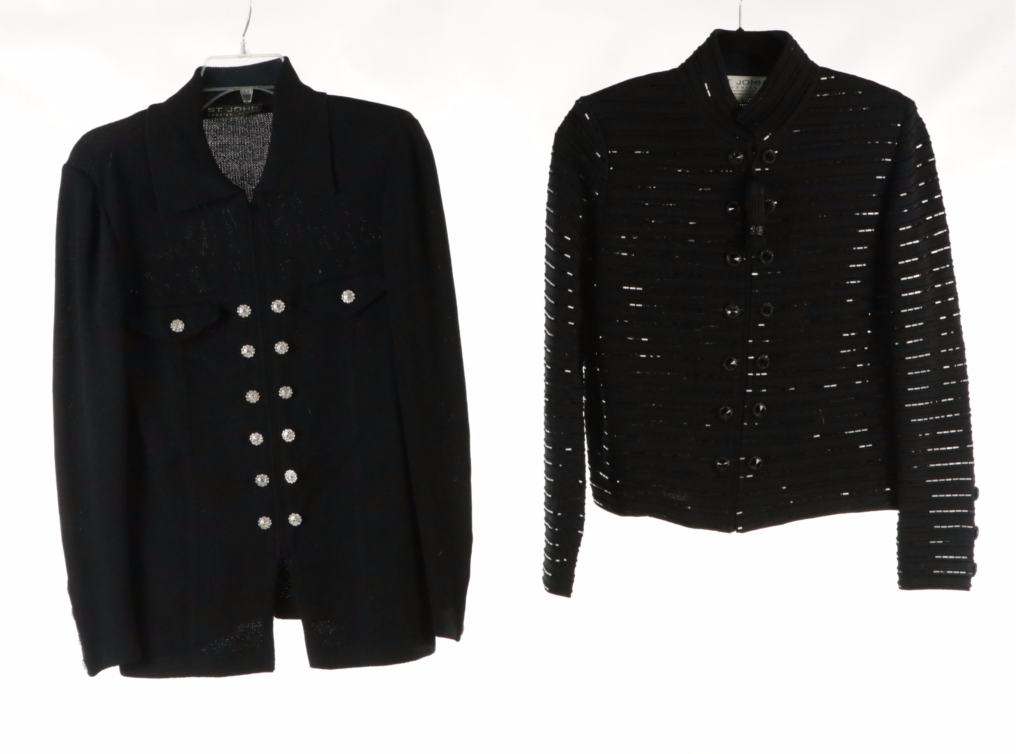 St. John Evening Embellished Black Knit Zip Jackets and Elastic Waist Slit Skirt