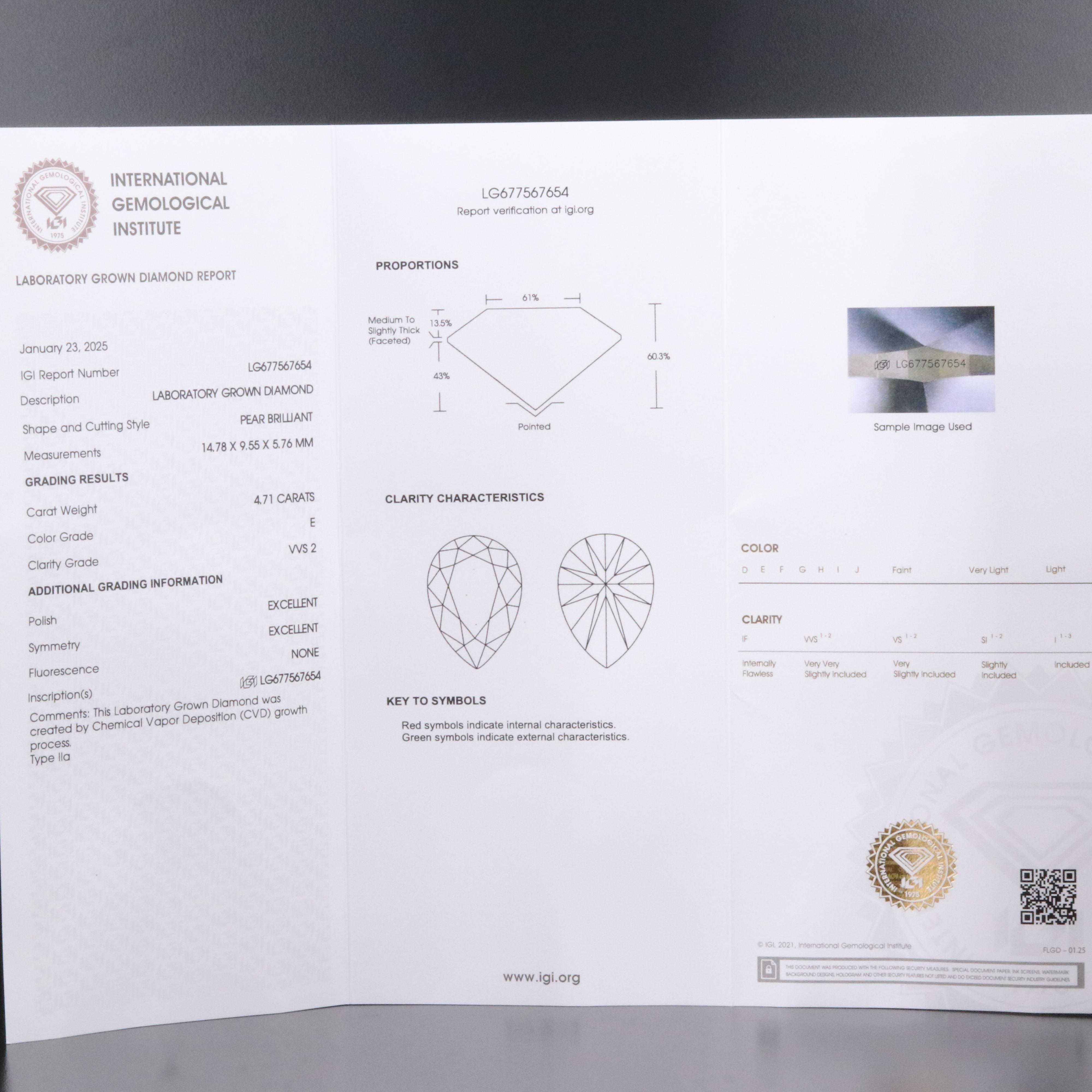 Loose 4.71 CT Lab Grown Diamond with IGI Report