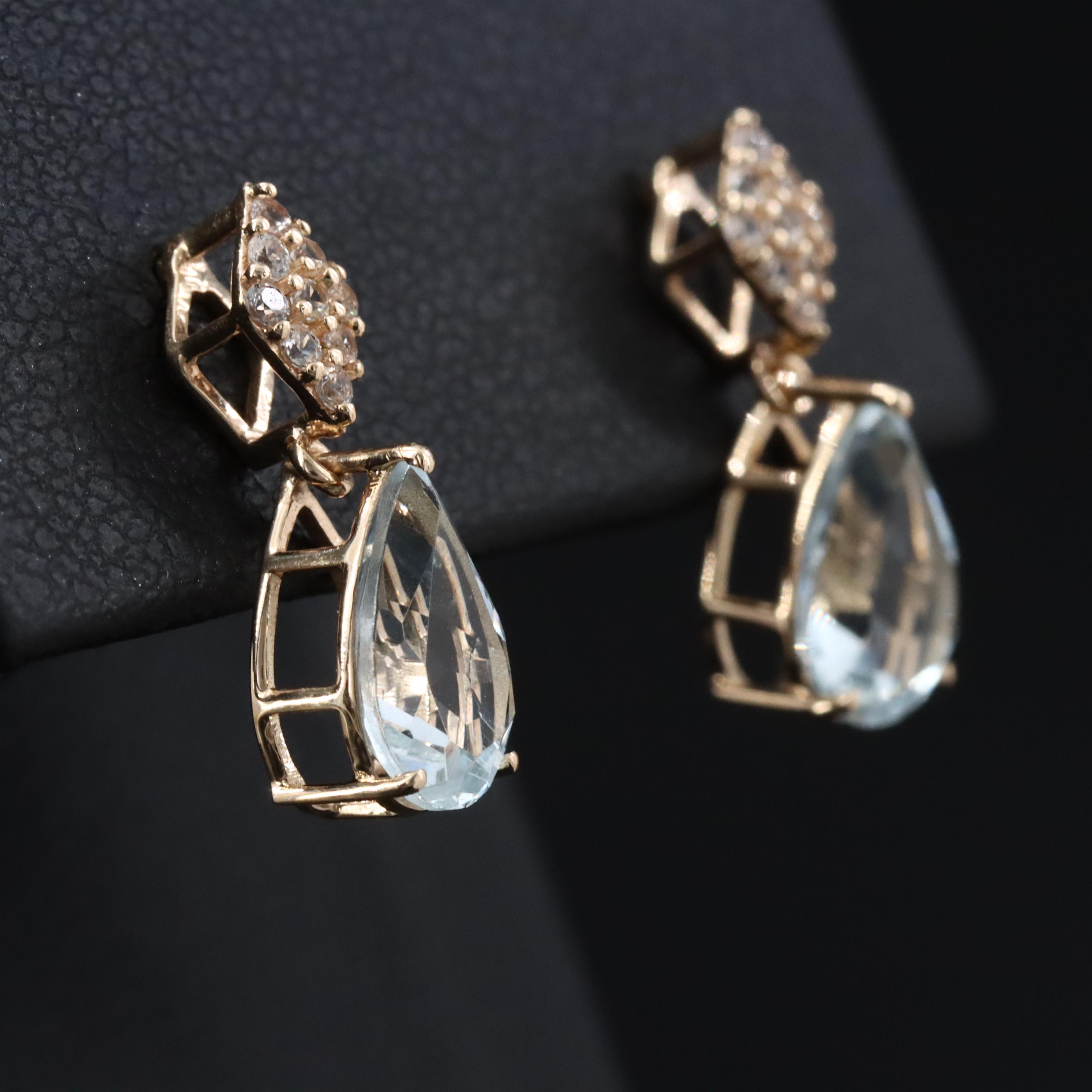 14K Aquamarine and White Sapphire Dangle Earrings