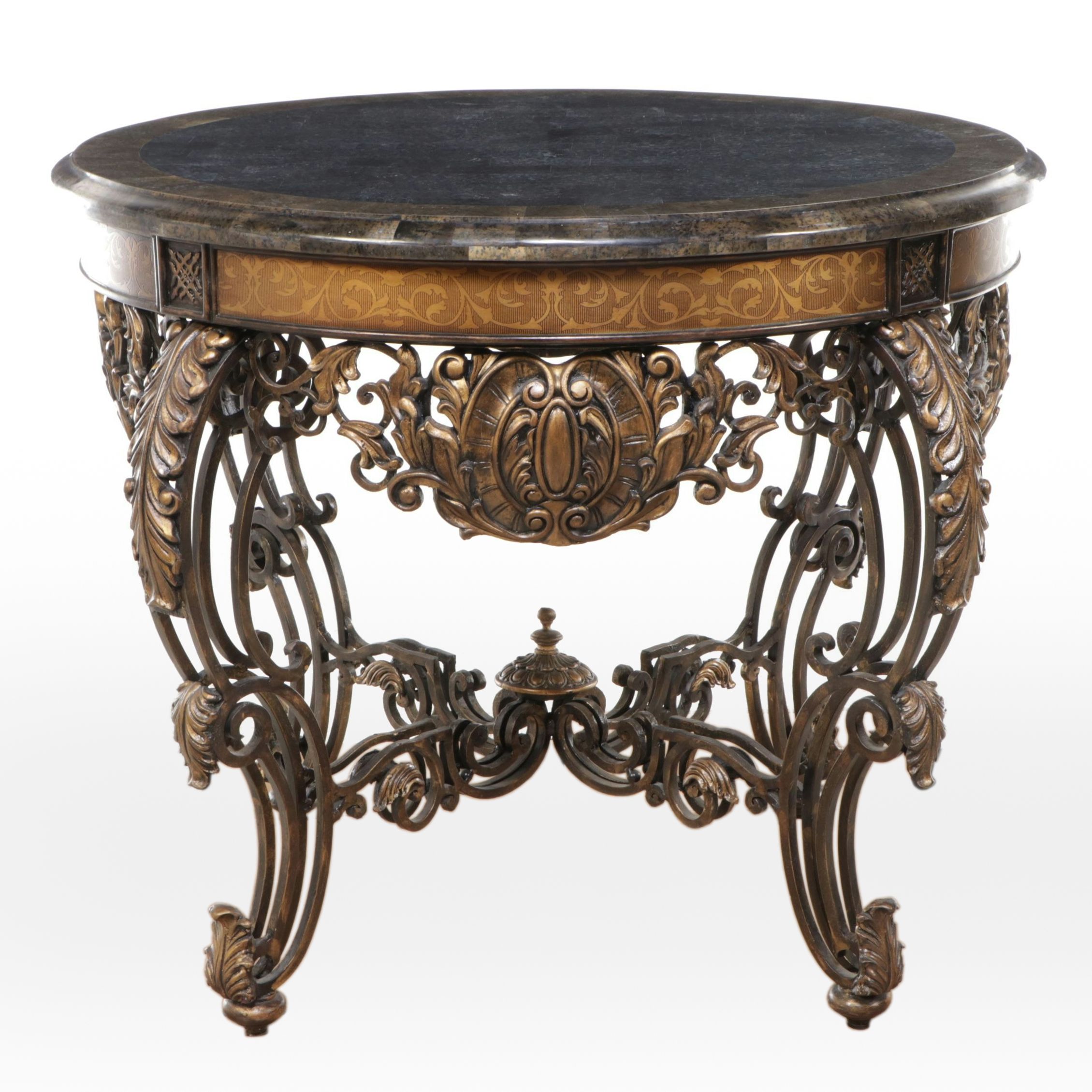 Ornate Wrought Iron Center Table with Tessellated Stone Top