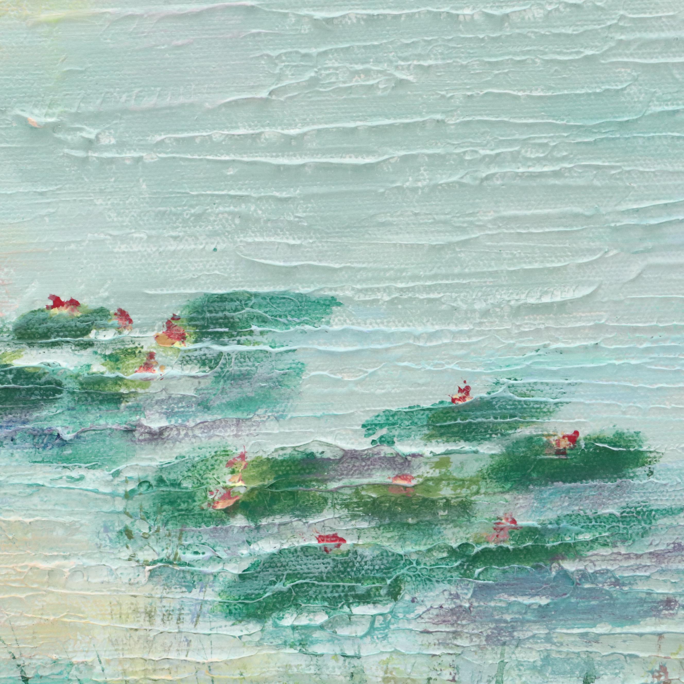 R. Boone Stylized Landscape Oil Painting of Lake with Water Lilies, 1995