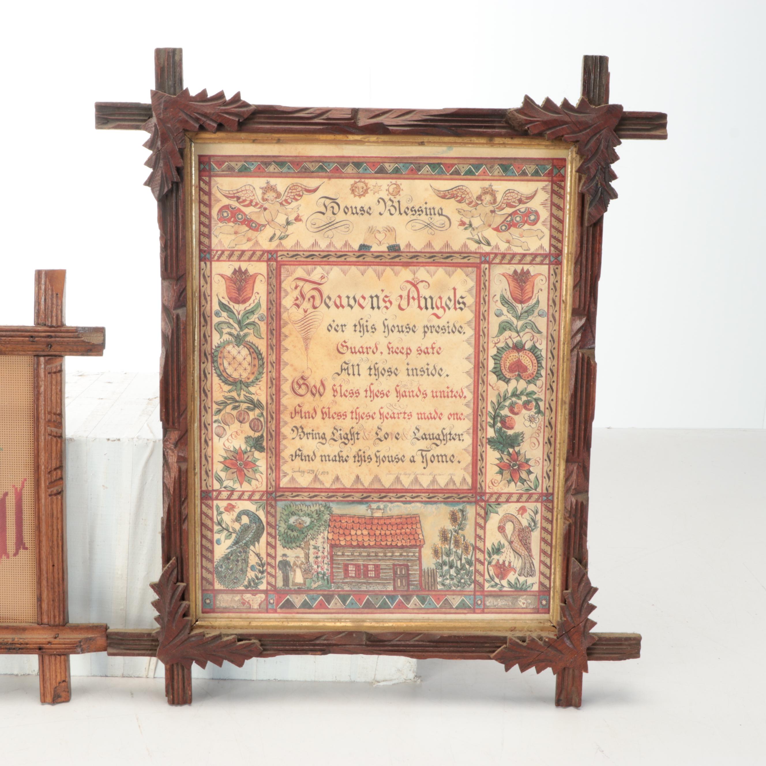 Framed Victorian Style Needlepoint Motto Plaque and House Blessing, 20th Century