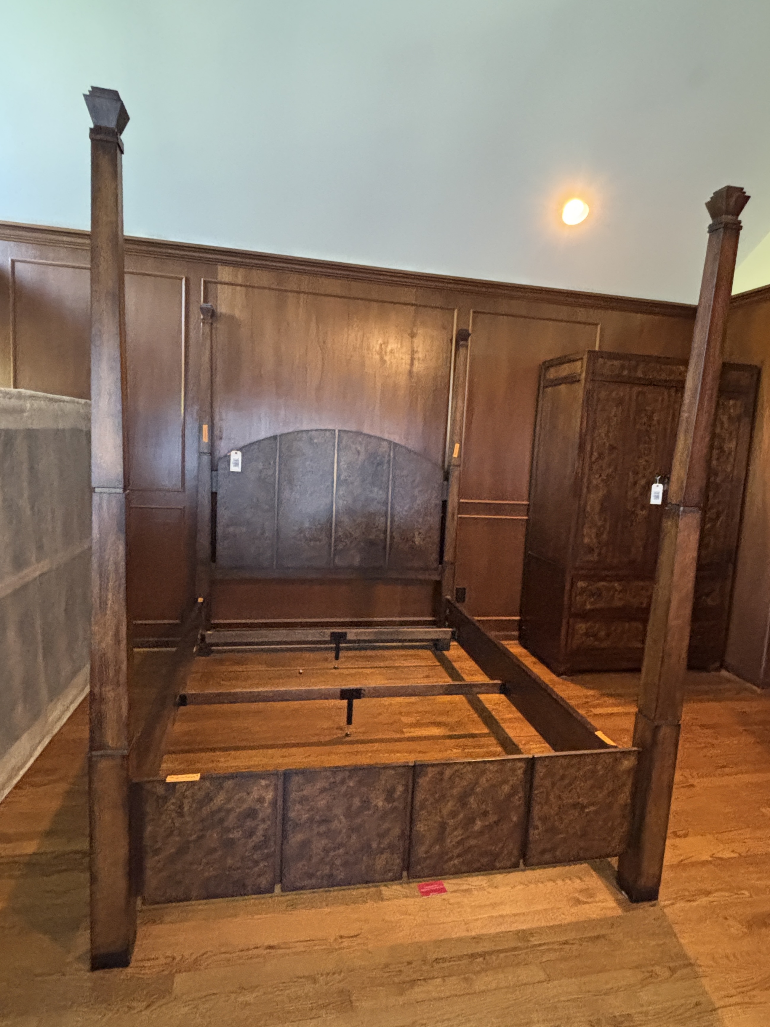 Chinese Style Burl Wood Accented Four Poster Queen Size Bed Frame