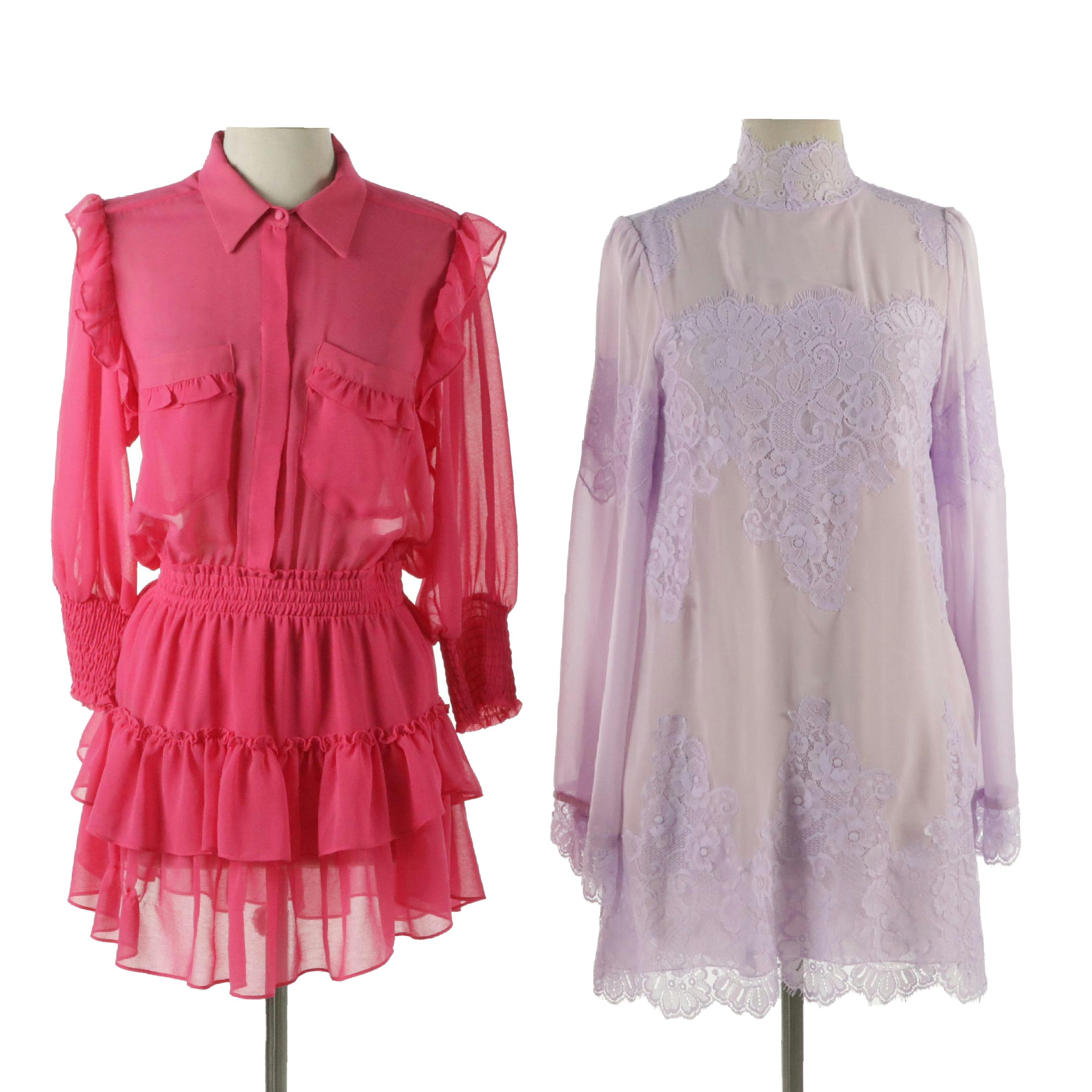MISA Hot Pink Ruffled Mini Shirt Dress and HAH Lavender Floral Lace Mini Dress