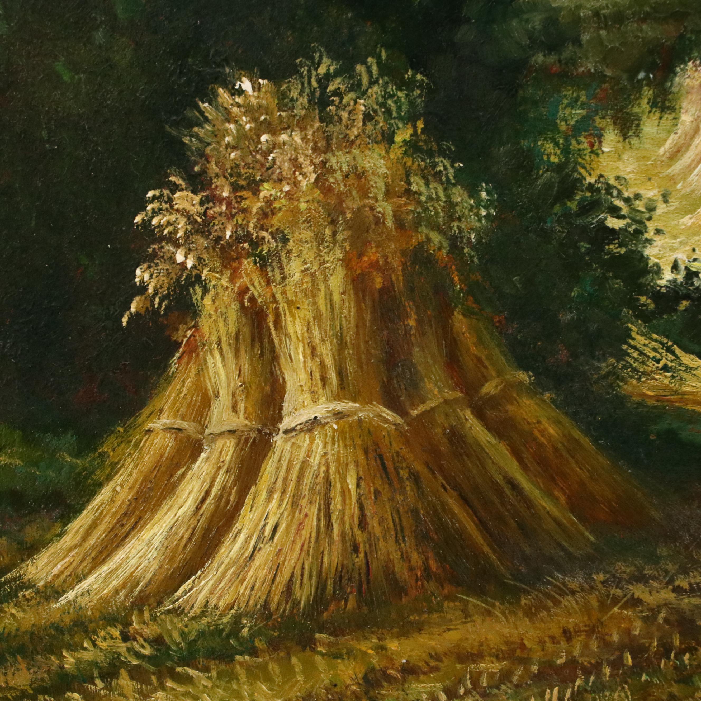 J. Glenn Oil Painting of Farmer Harvesting Hay Bales