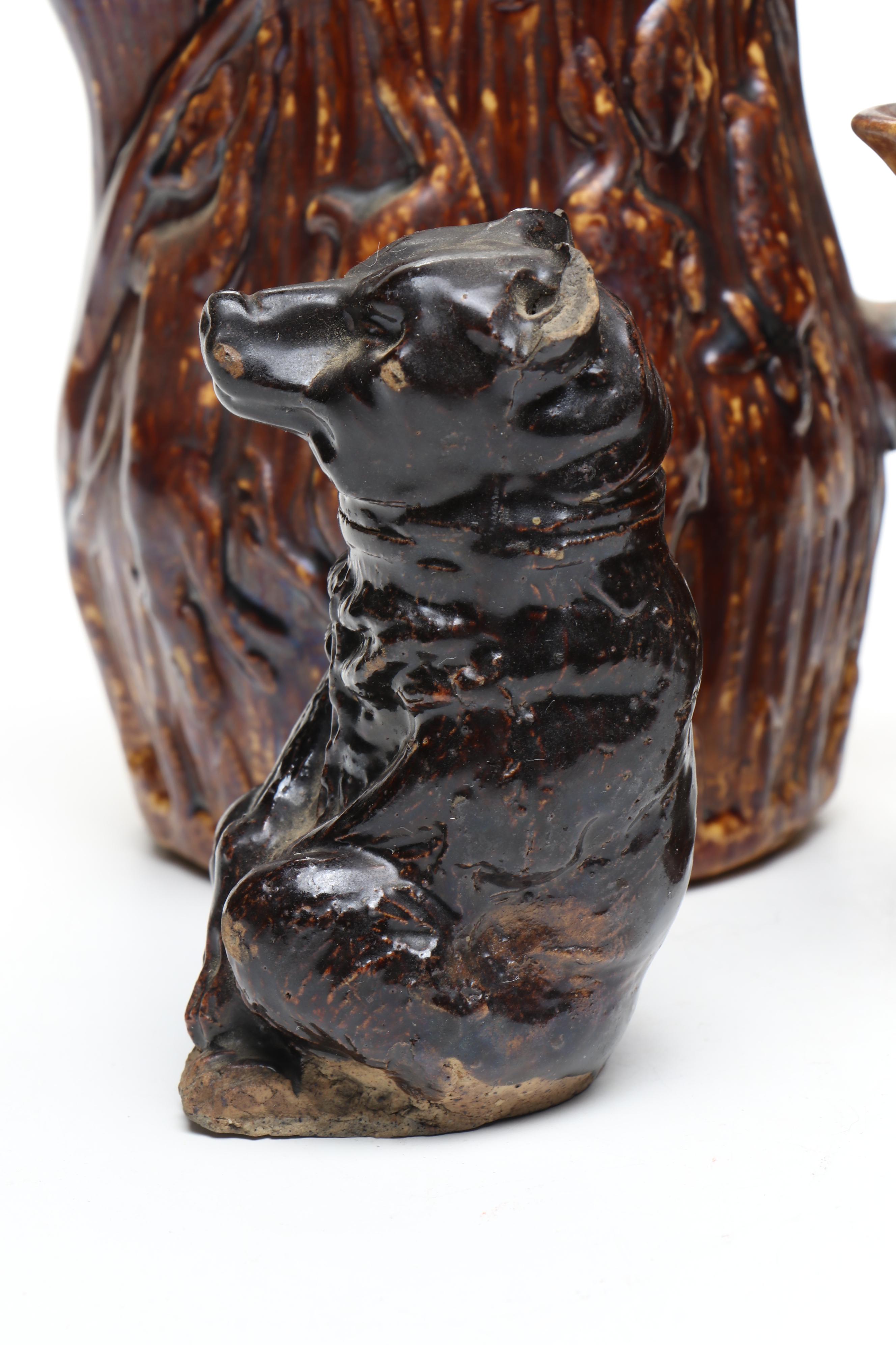 Bennington Rockingham Pottery Pitchers, Vase, and Figurine, 19th Century