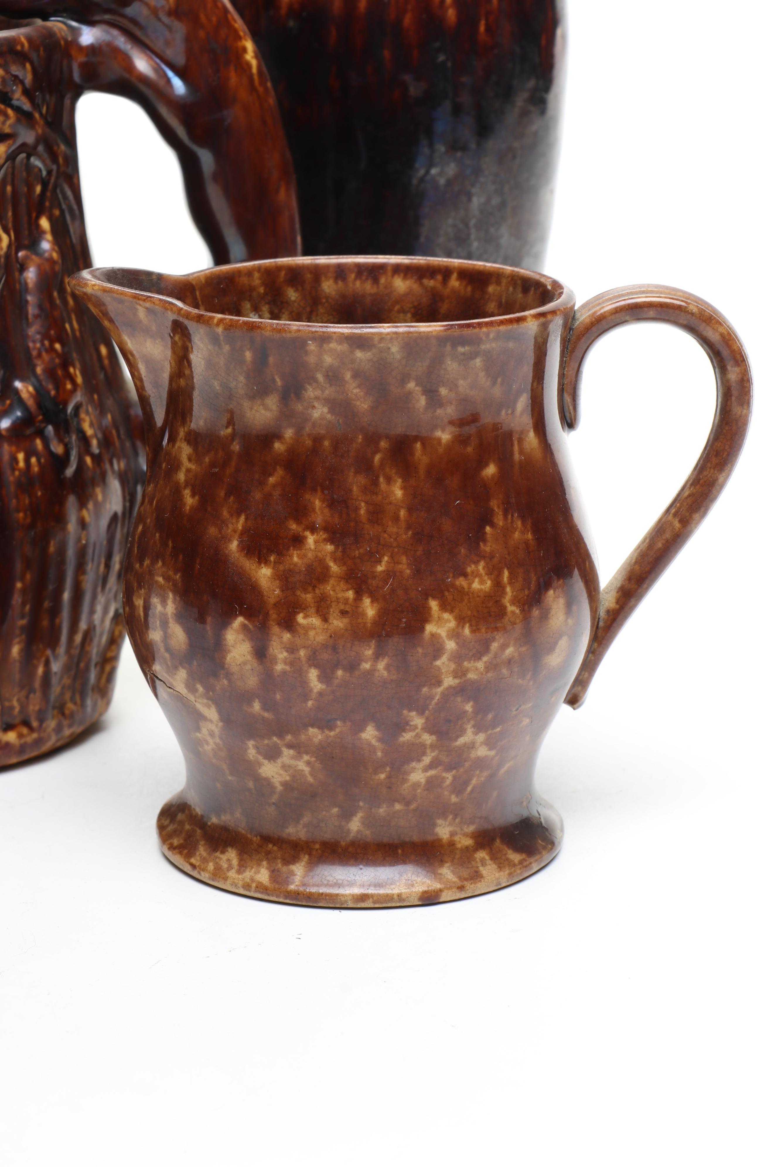 Bennington Rockingham Pottery Pitchers, Vase, and Figurine, 19th Century