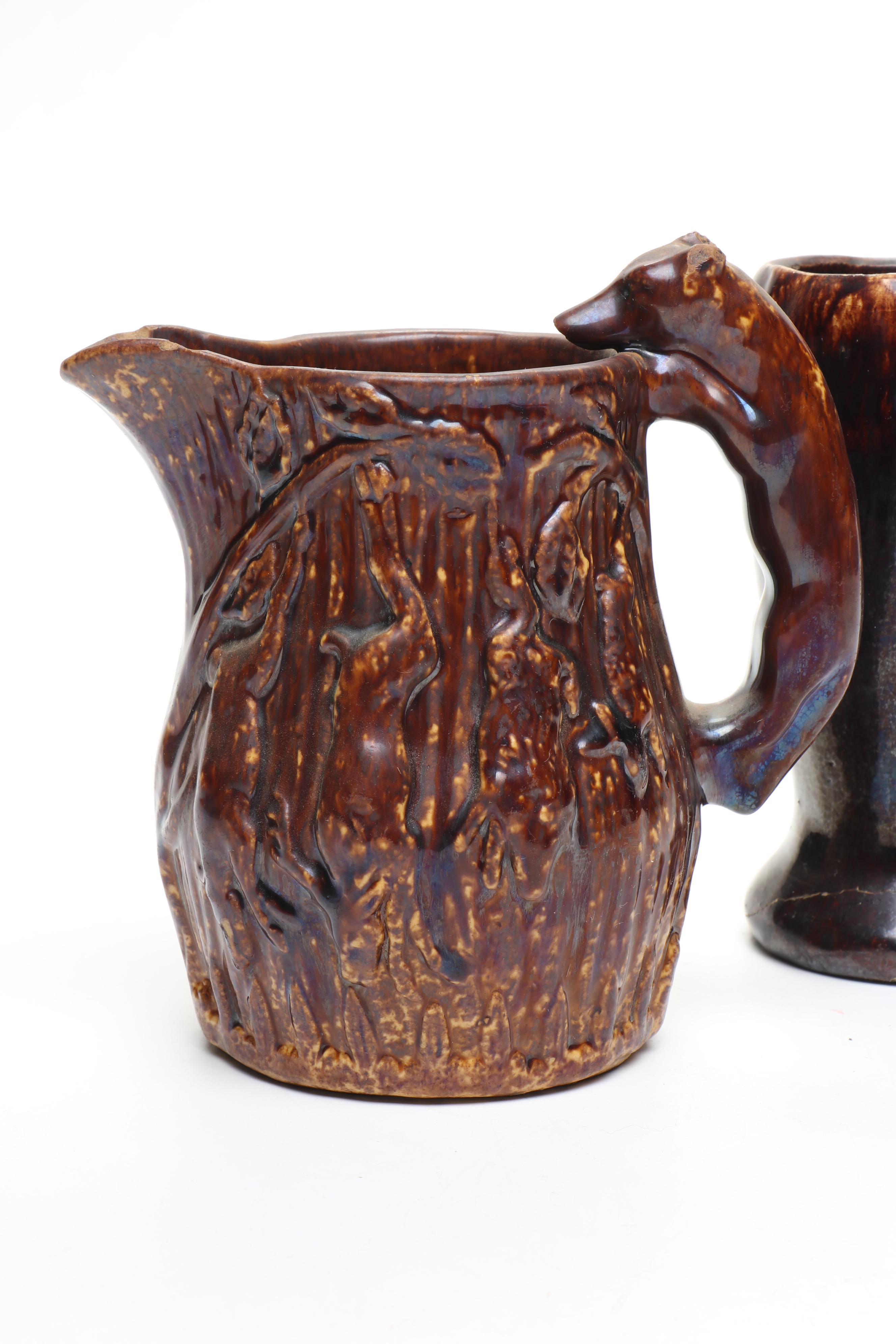 Bennington Rockingham Pottery Pitchers, Vase, and Figurine, 19th Century