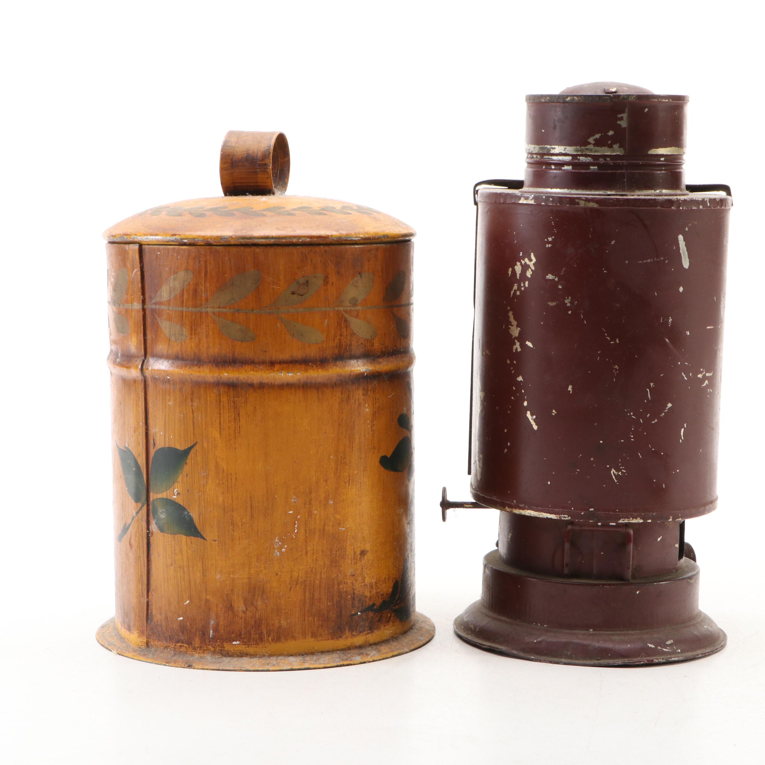 Tole Painted Metal Canisters with Antique Darkroom Kerosene Lantern