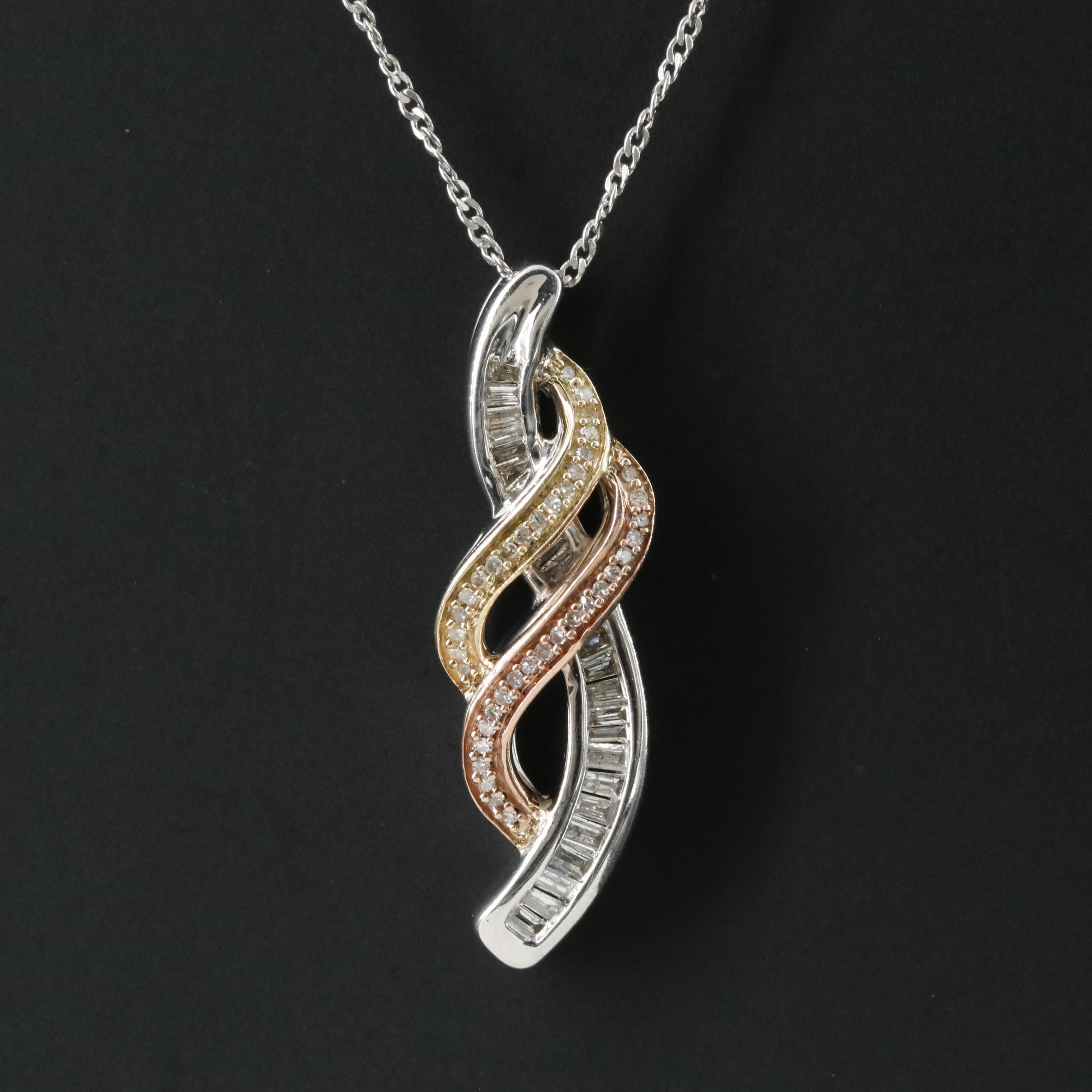 Sterling Tri-Color Diamond Pendant Necklace
