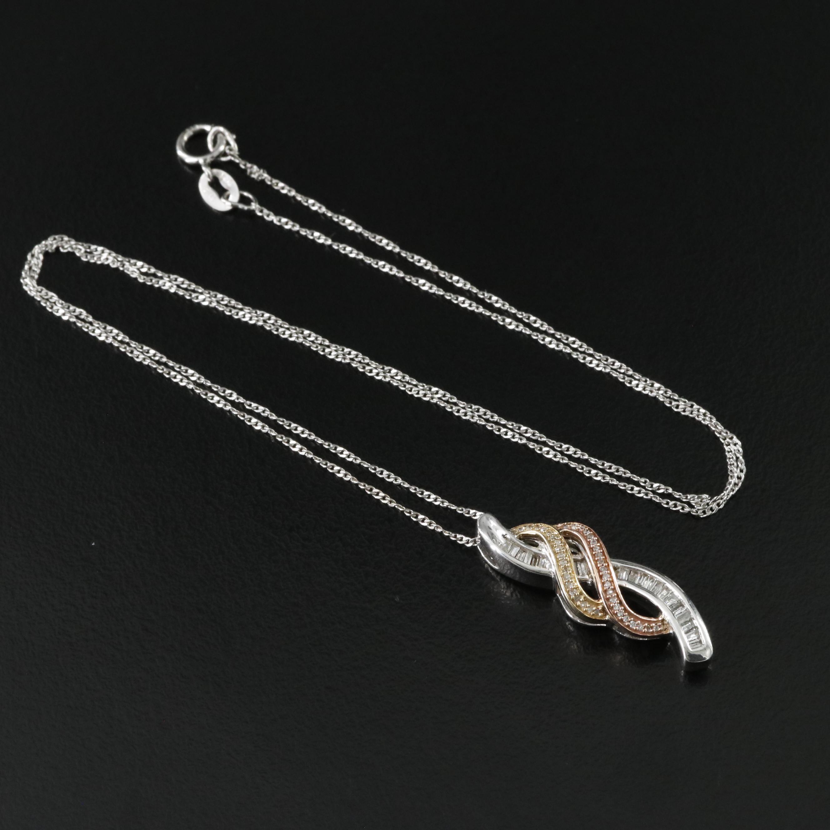Sterling Tri-Color Diamond Pendant Necklace