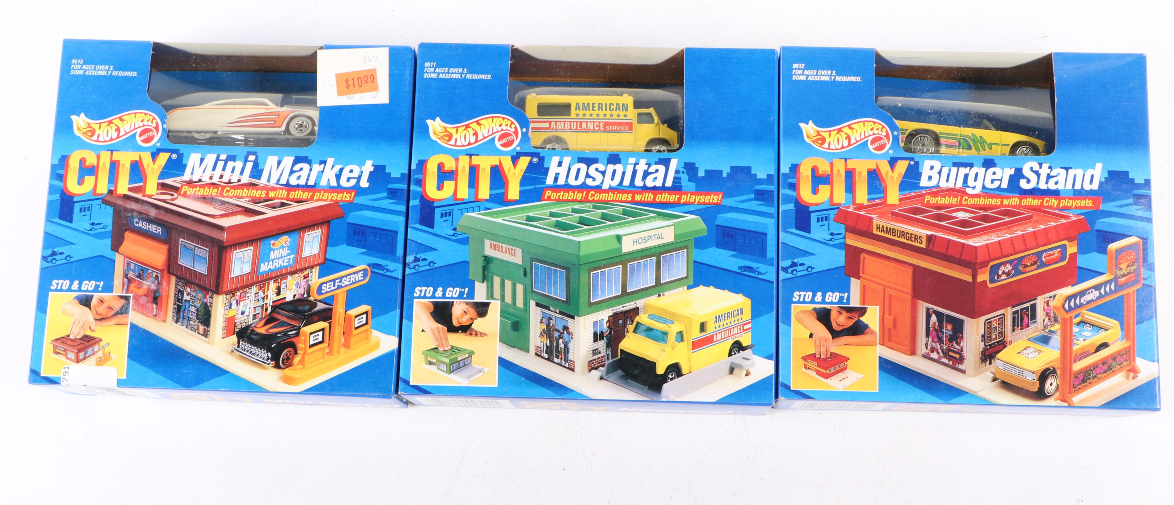 Hot Wheels "Hospital," "Mini Market" and More Toy Car Sets, 1990s