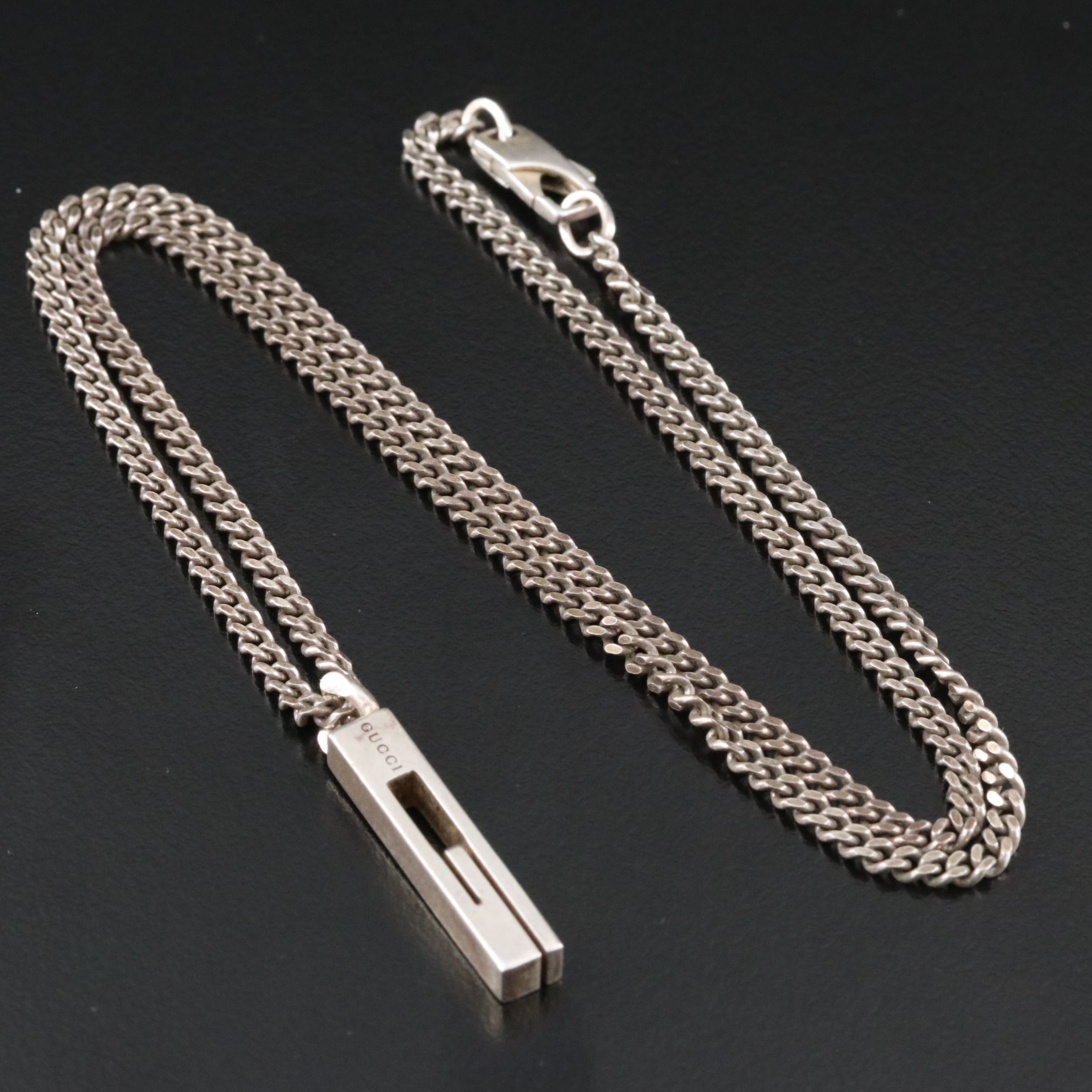 Gucci Sterling G Cut Out Bar Pendant Necklace