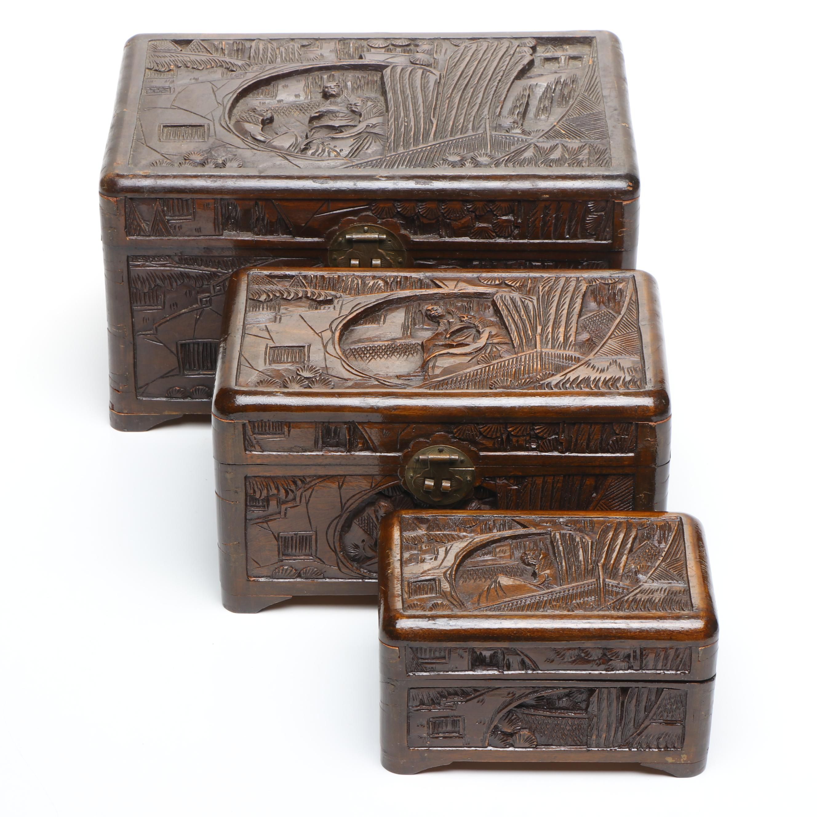 East Asian Hand-Carved Camphor Wood Box Set