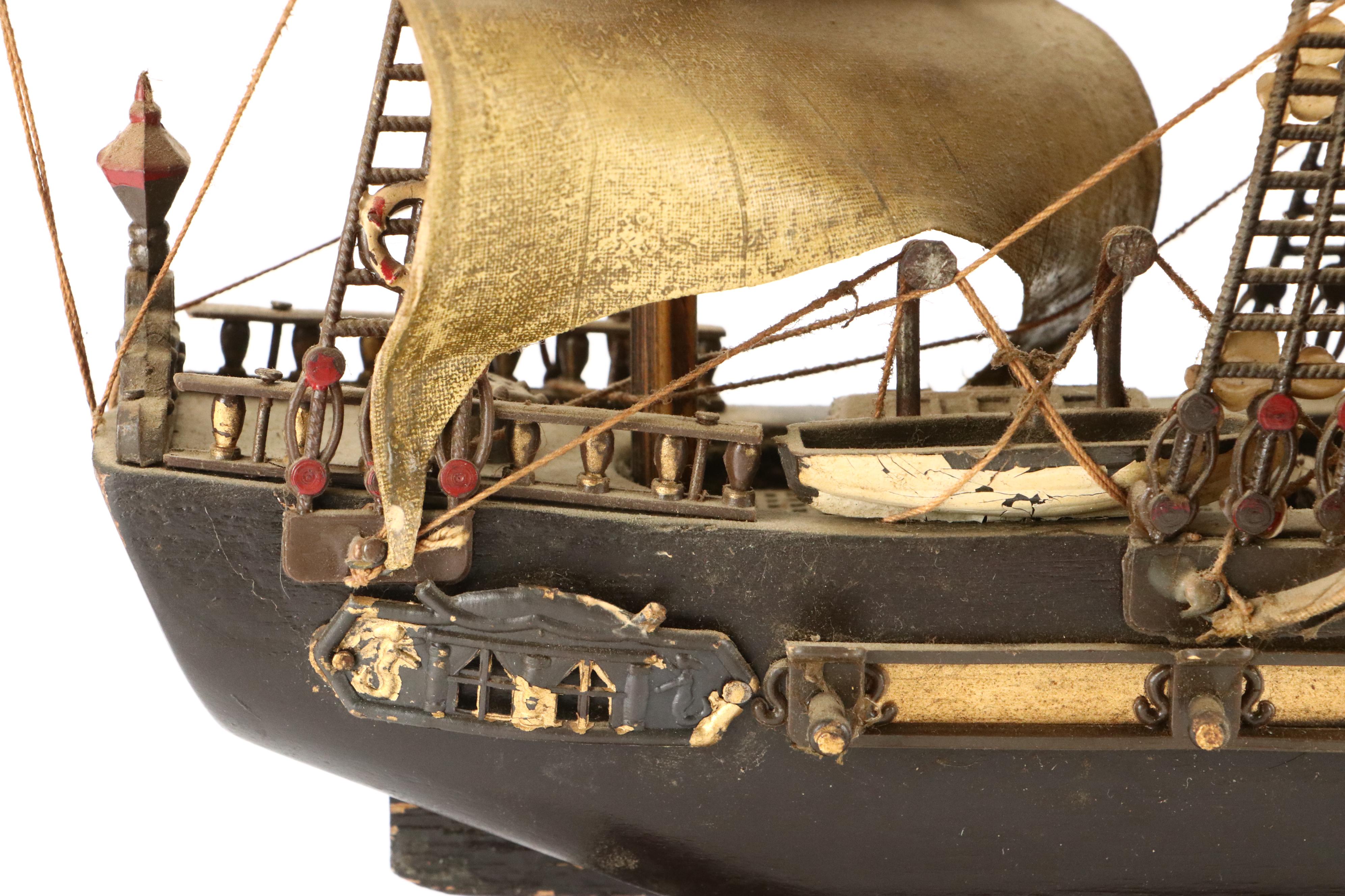 Fragata Española Model Ship with Wicker Demijohn Jug and Cobalt Glass Floats