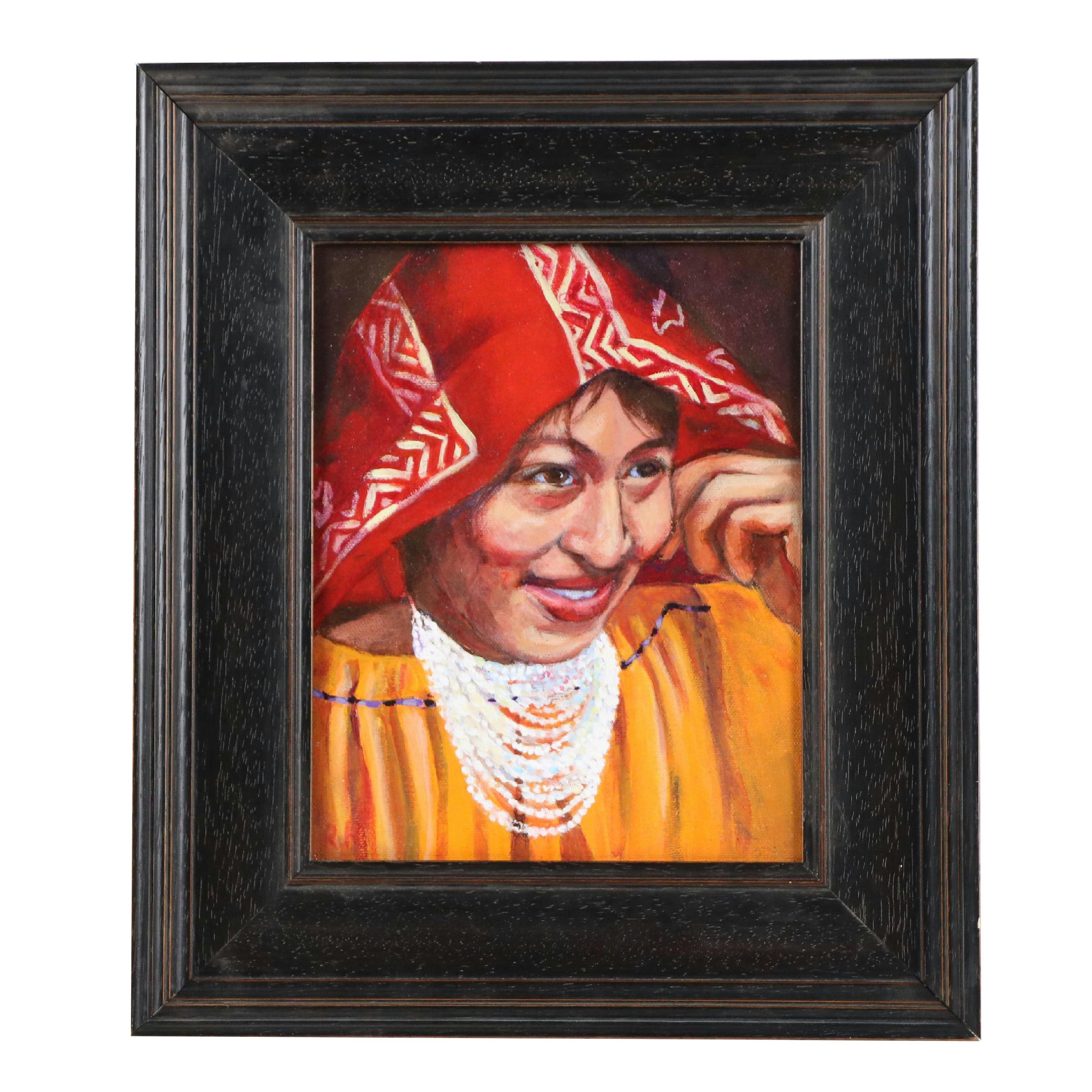 R. Henry Portrait Oil Painting of Woman in Yellow and Red, 2008