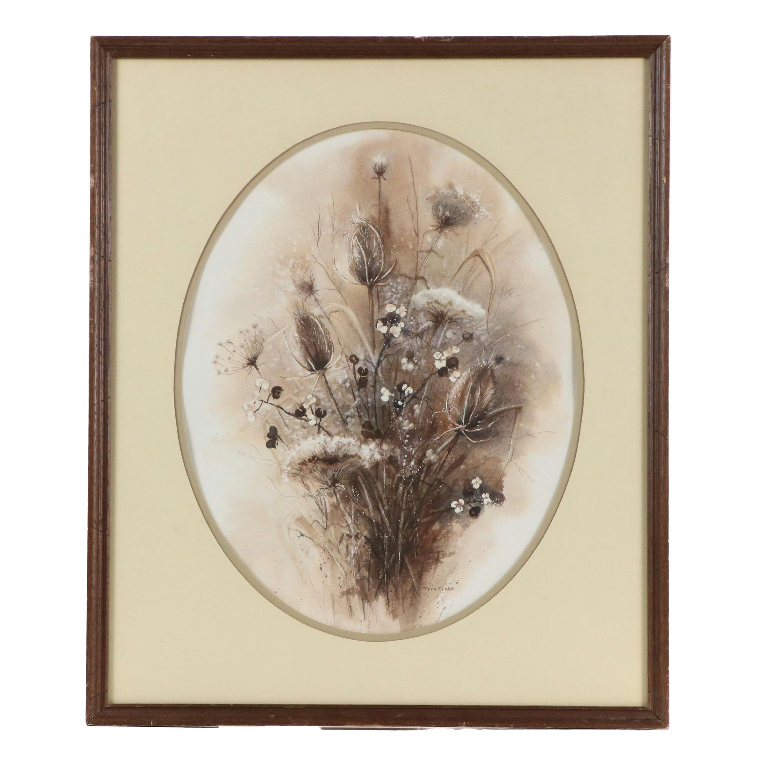 Fern Clark Dried Flower Still Life Watercolor Painting, Mid–Late 20th Century