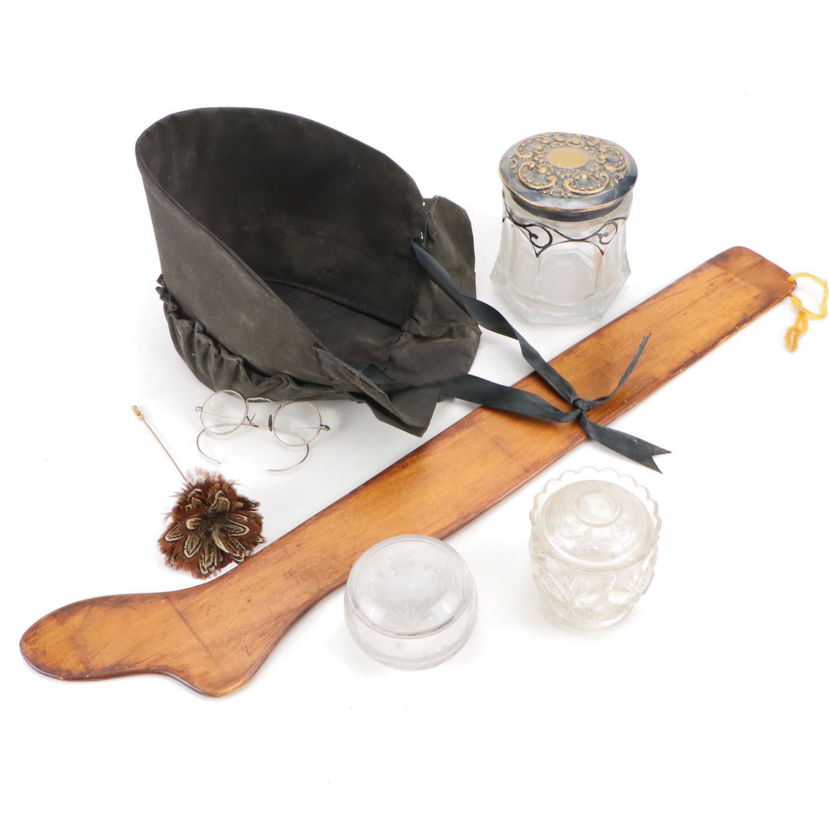 Repoussé Tobacco Jar, Other Lidded Glass Jars, Wood Stocking Form and More