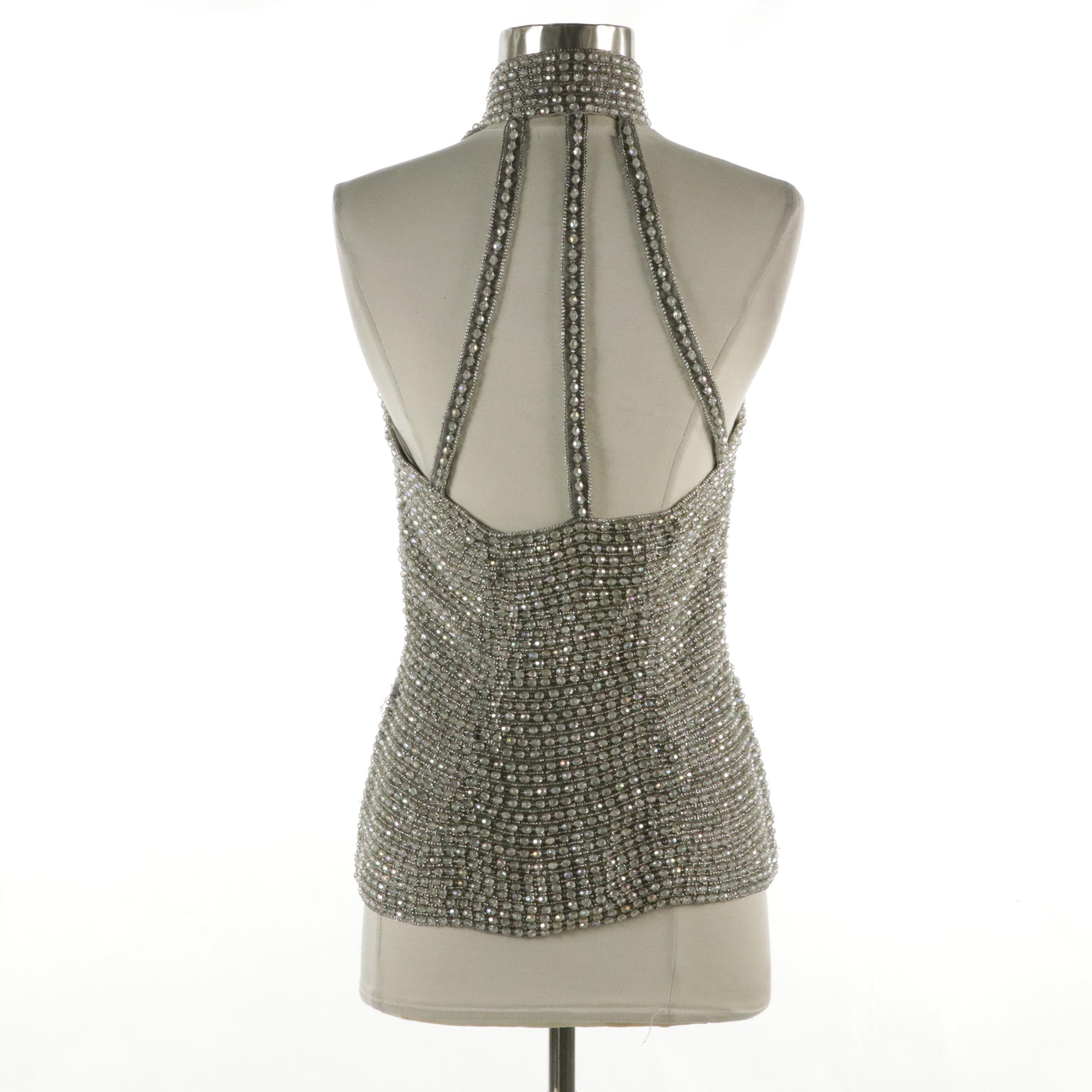 Riazee Boutique Vintage Heavy Bead Embellished Silk Halter Top