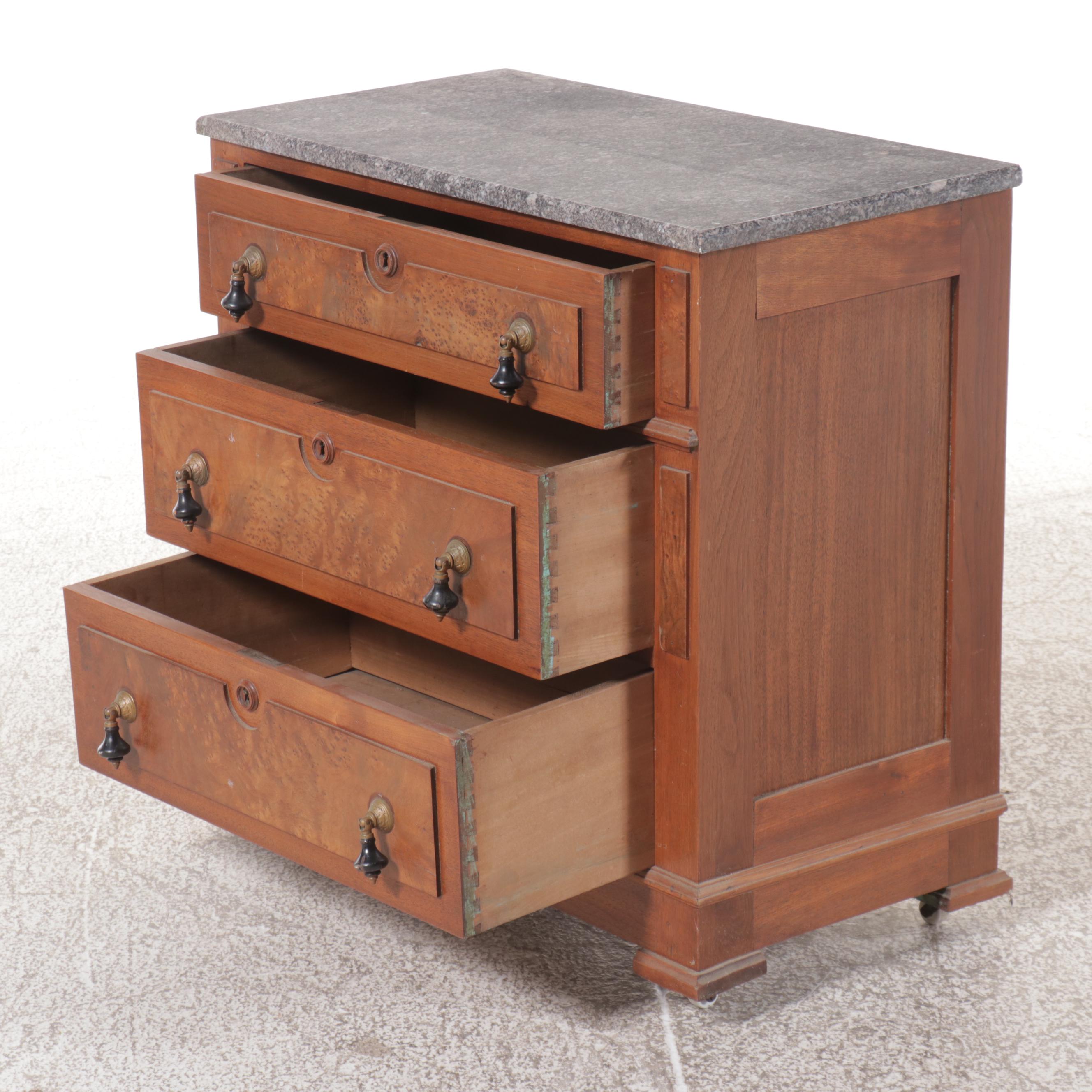 Victorian Walnut and Burl Wood Washstand with Granite Top