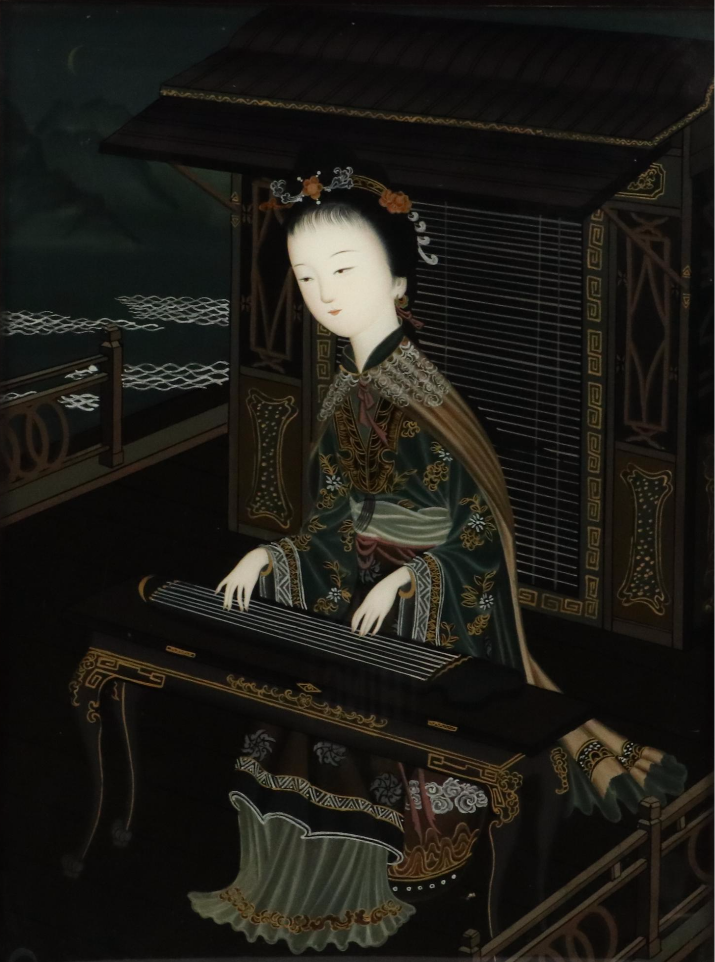 Chinese Reverse Glass Painting of Gu Zheng Player
