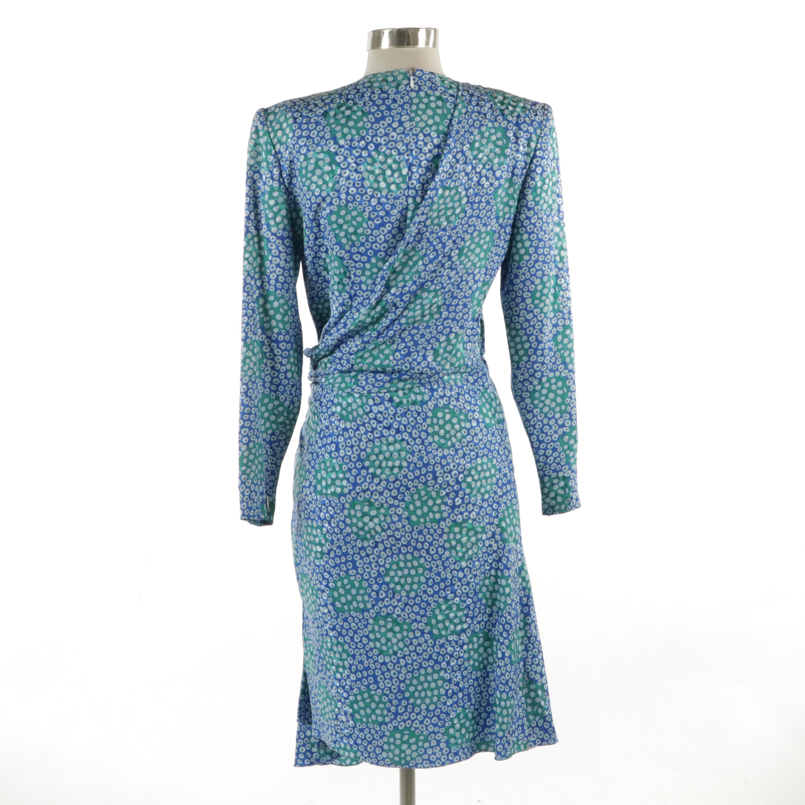 Carolina Herrera Vintage Knotted-Waist Long Sleeve Dress in Blue Printed Silk