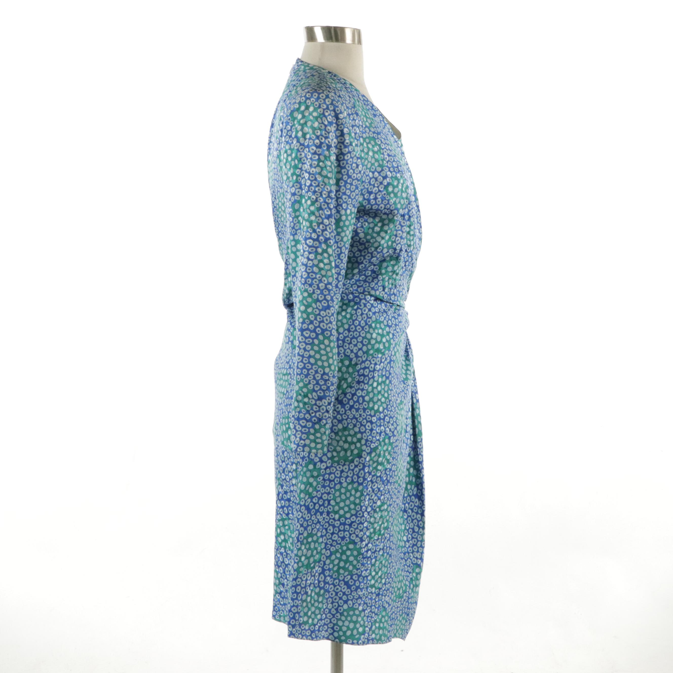 Carolina Herrera Vintage Knotted-Waist Long Sleeve Dress in Blue Printed Silk