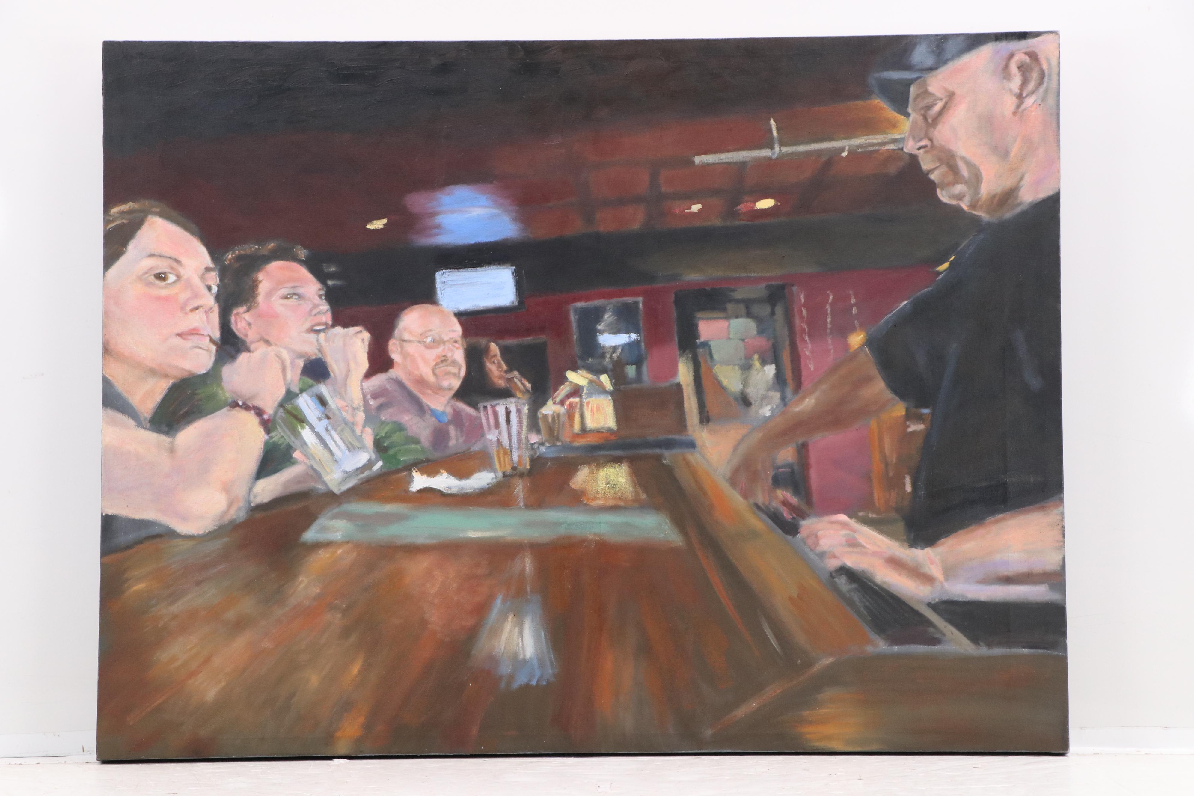 Nate Shaw Oil Painting of Interior Bar Scene, 21st Century