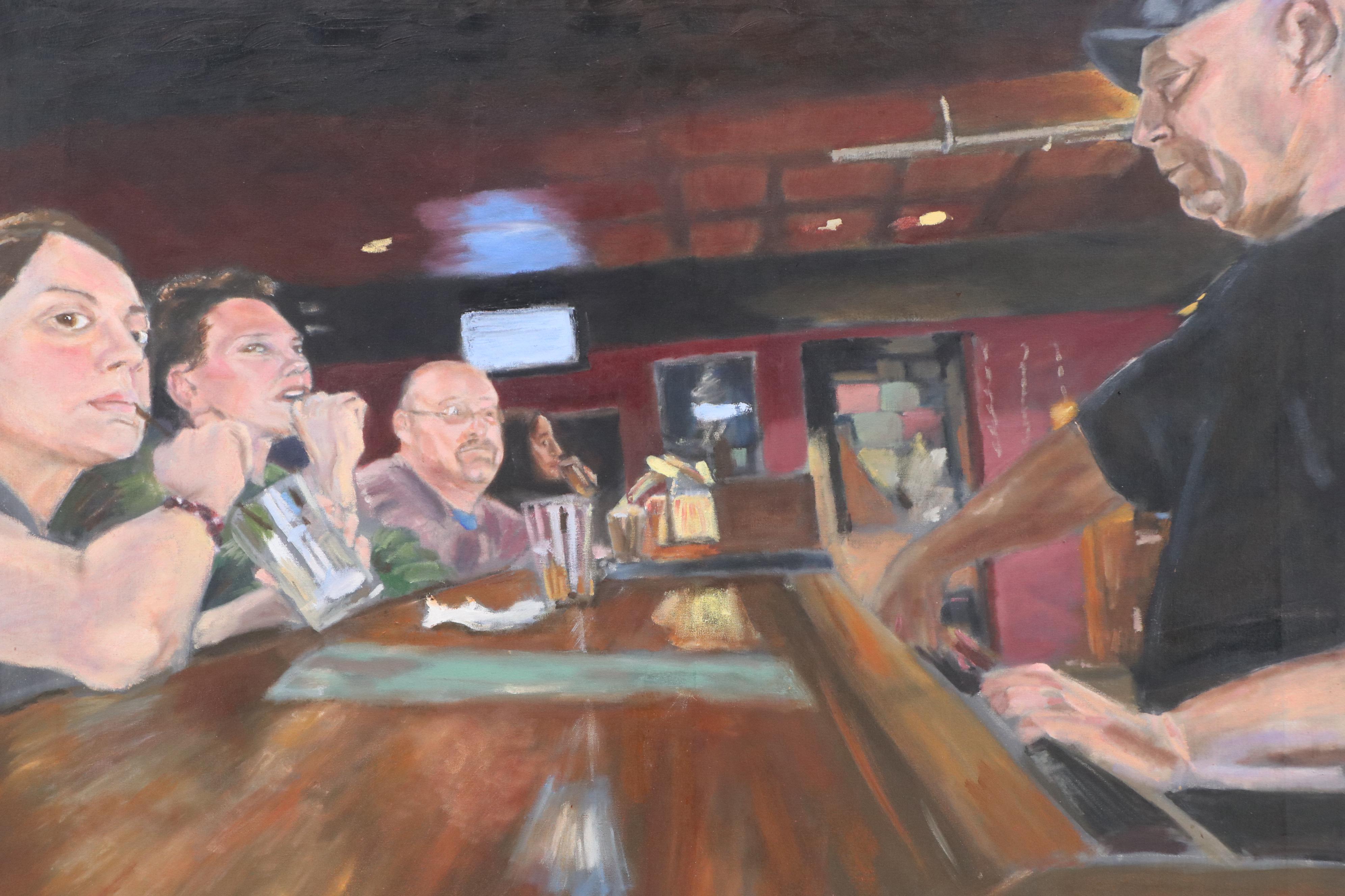 Nate Shaw Oil Painting of Interior Bar Scene, 21st Century