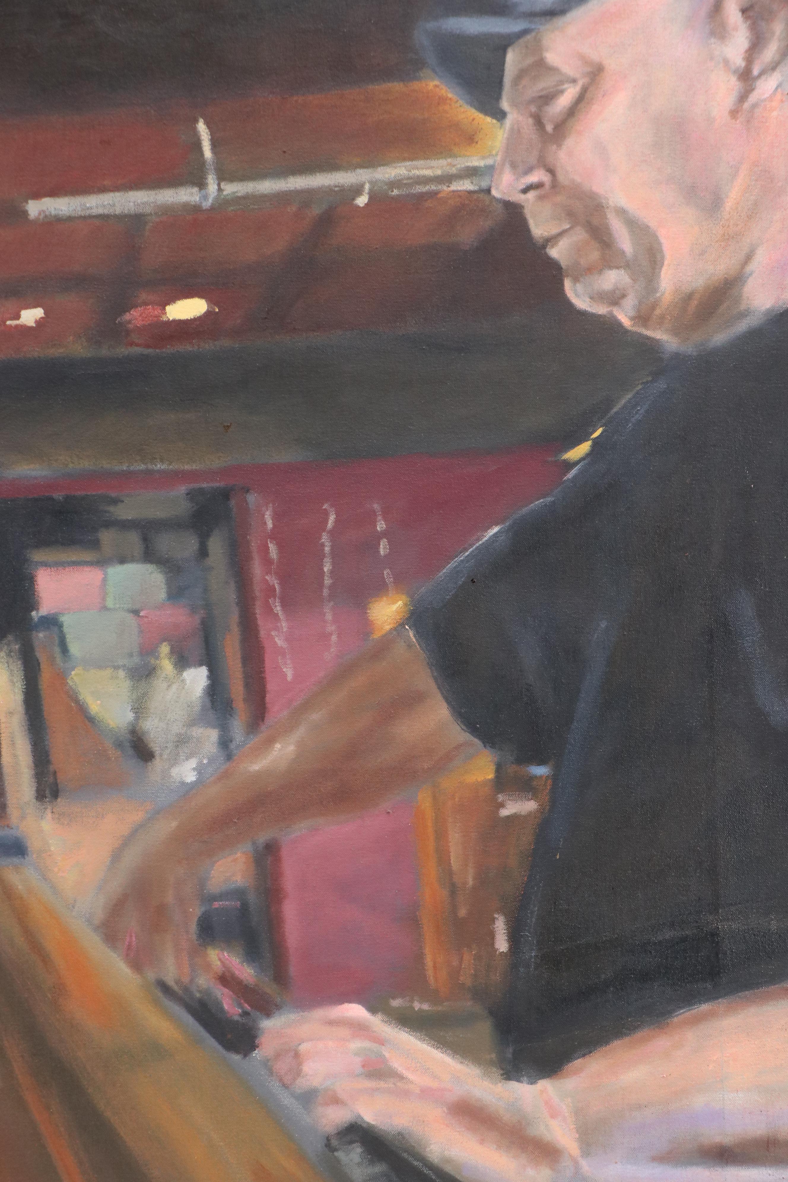 Nate Shaw Oil Painting of Interior Bar Scene, 21st Century