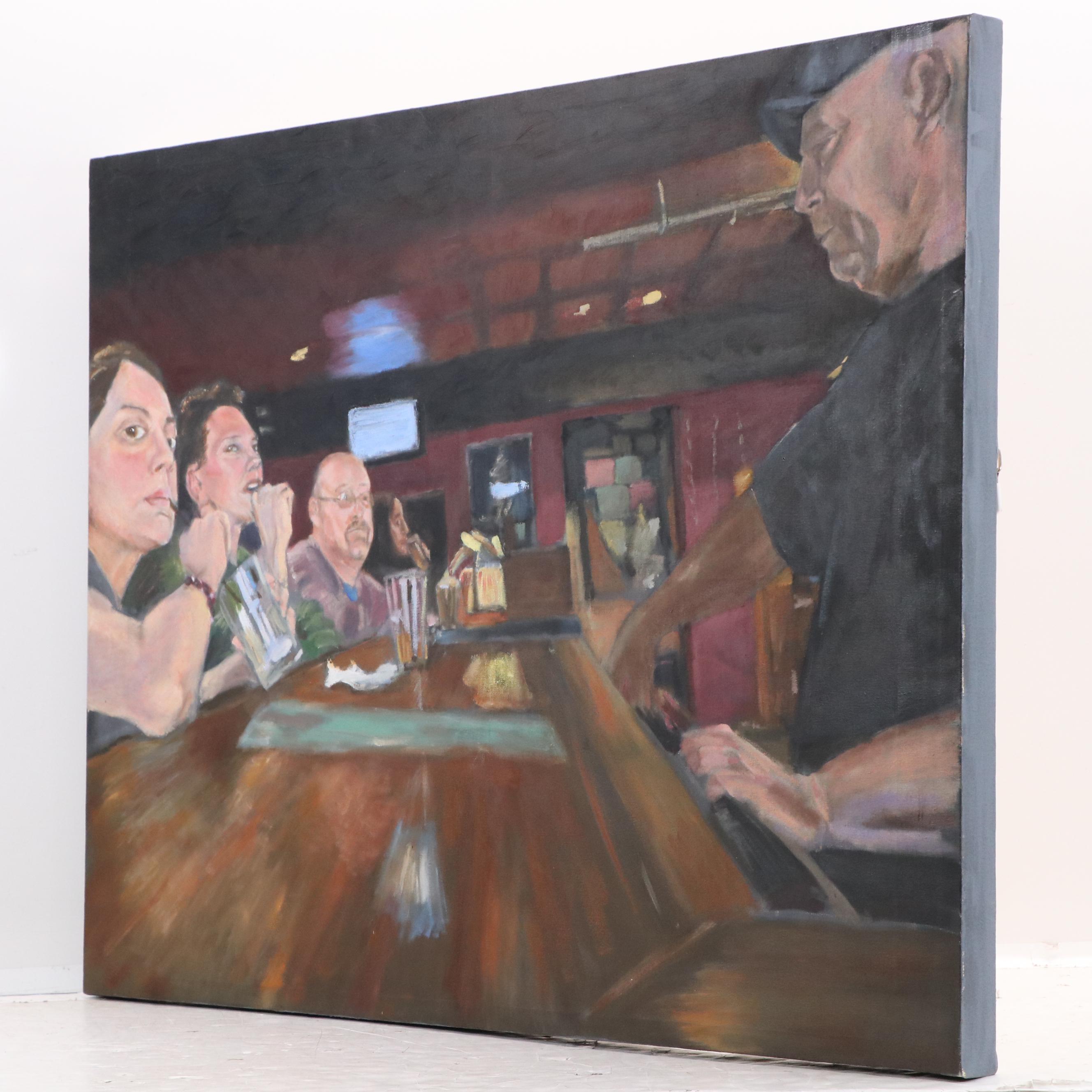 Nate Shaw Oil Painting of Interior Bar Scene, 21st Century