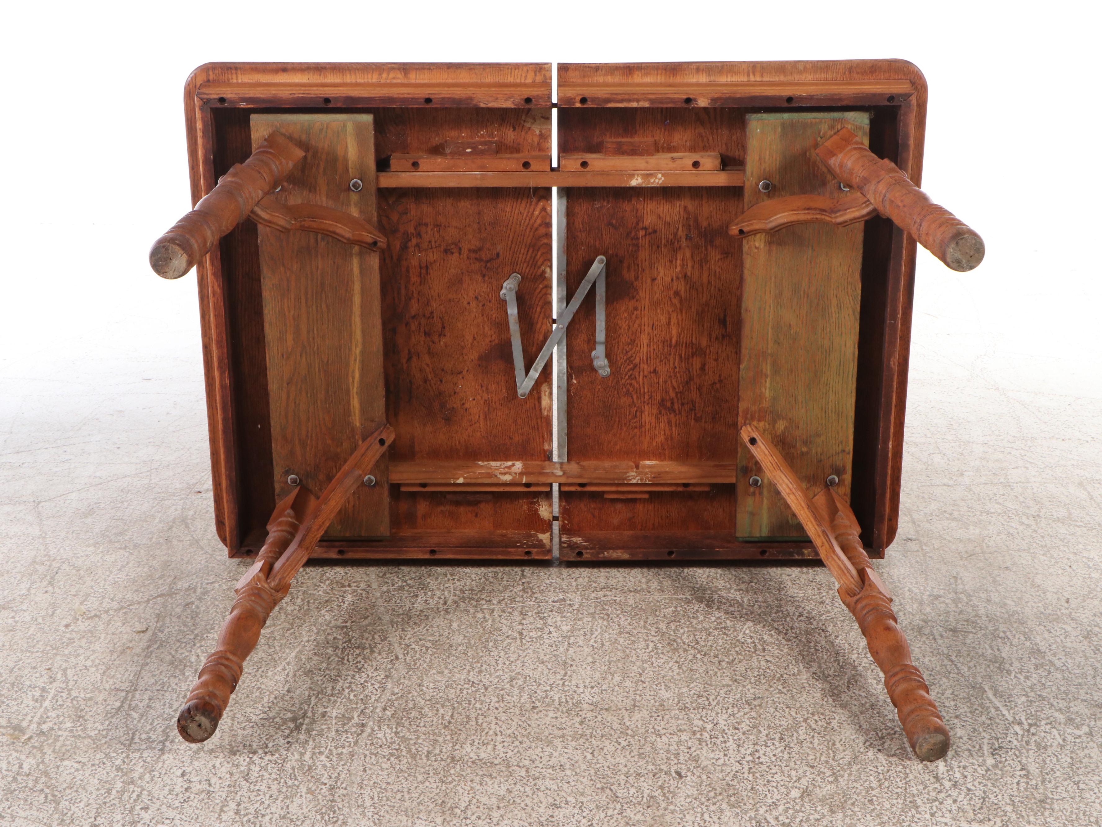 Victorian Dining Table and Four Press-Carved Oak Side Chairs