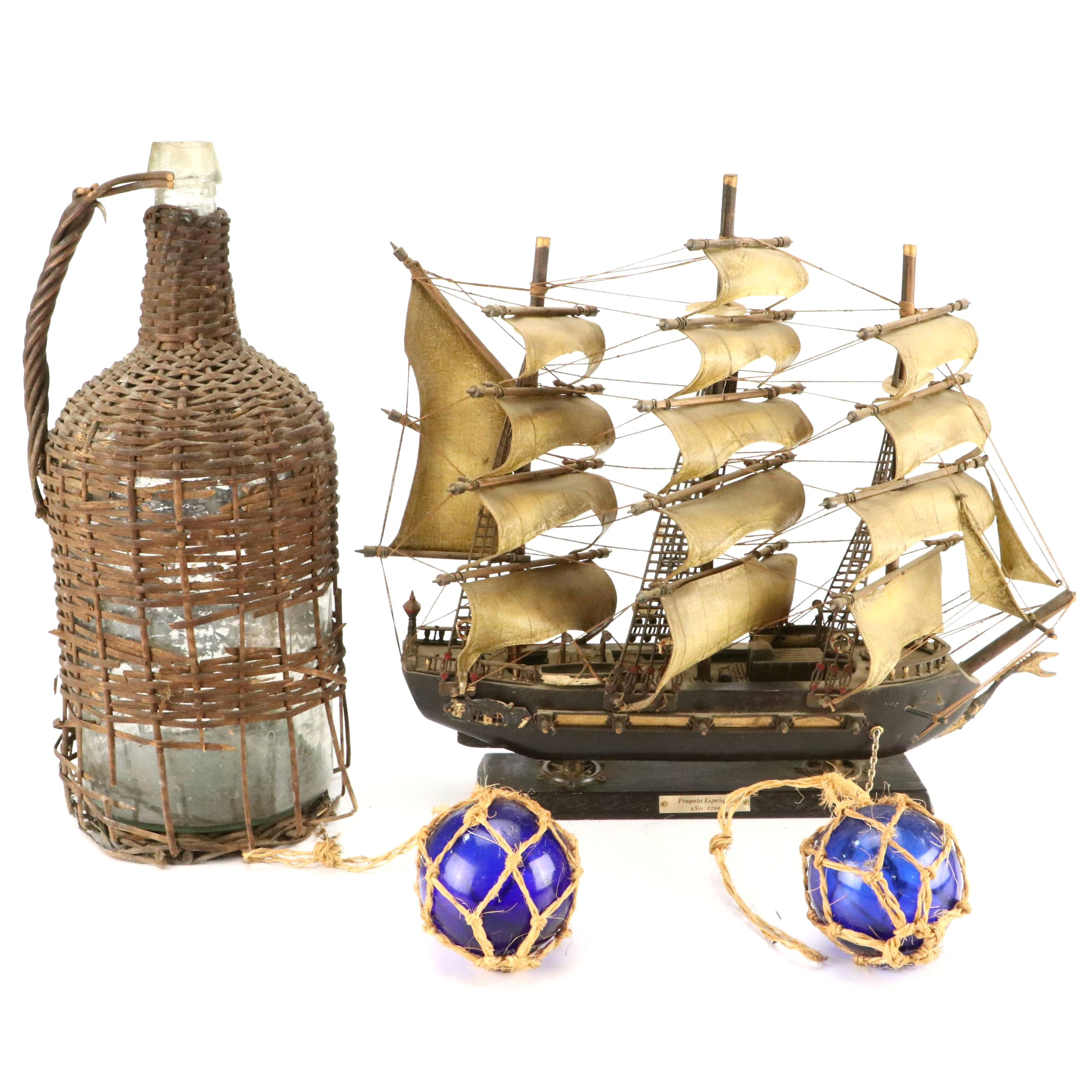 Fragata Española Model Ship with Wicker Demijohn Jug and Cobalt Glass Floats